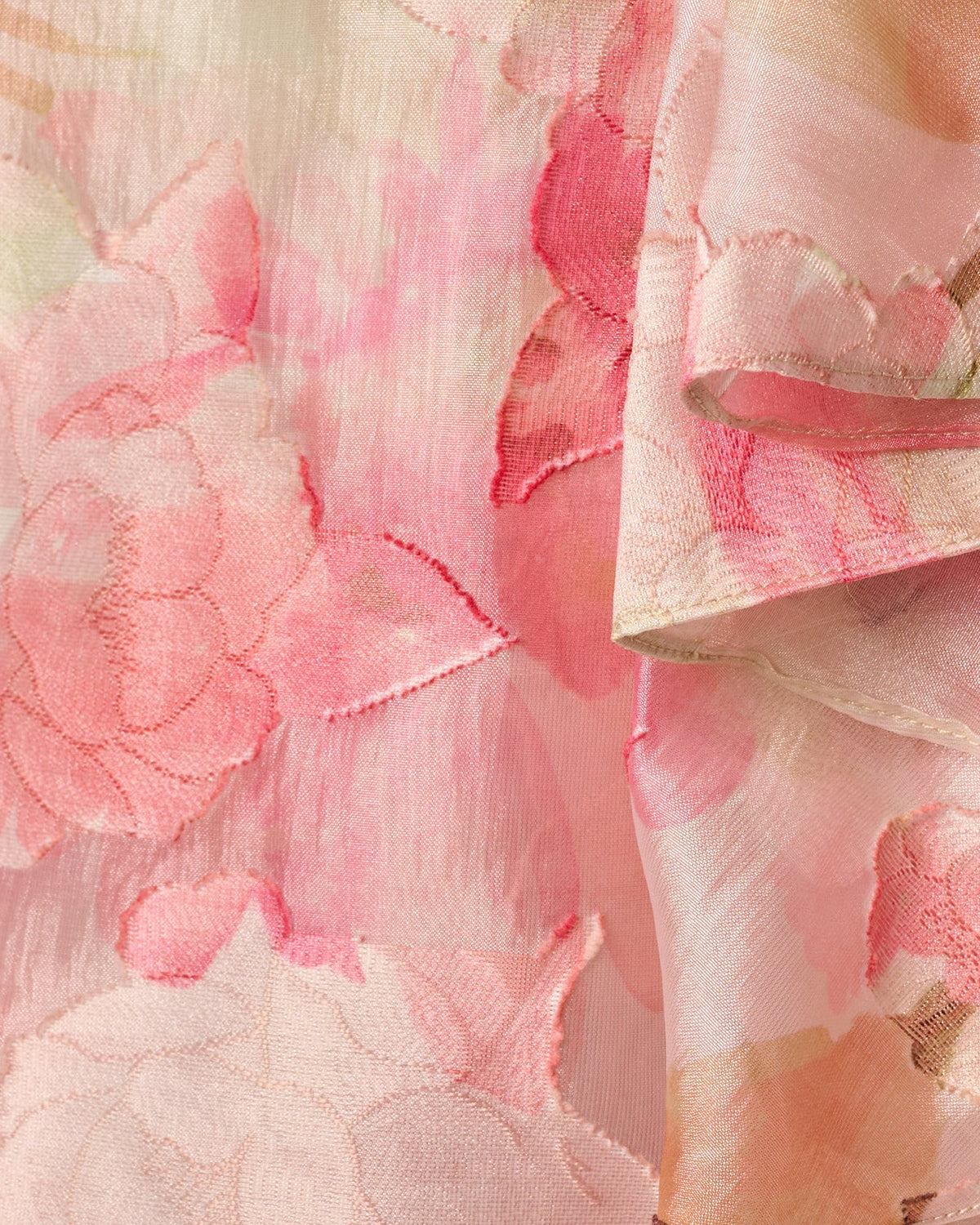 Floral chiffon fabric close-up in pink, cream, and soft sage-green tones