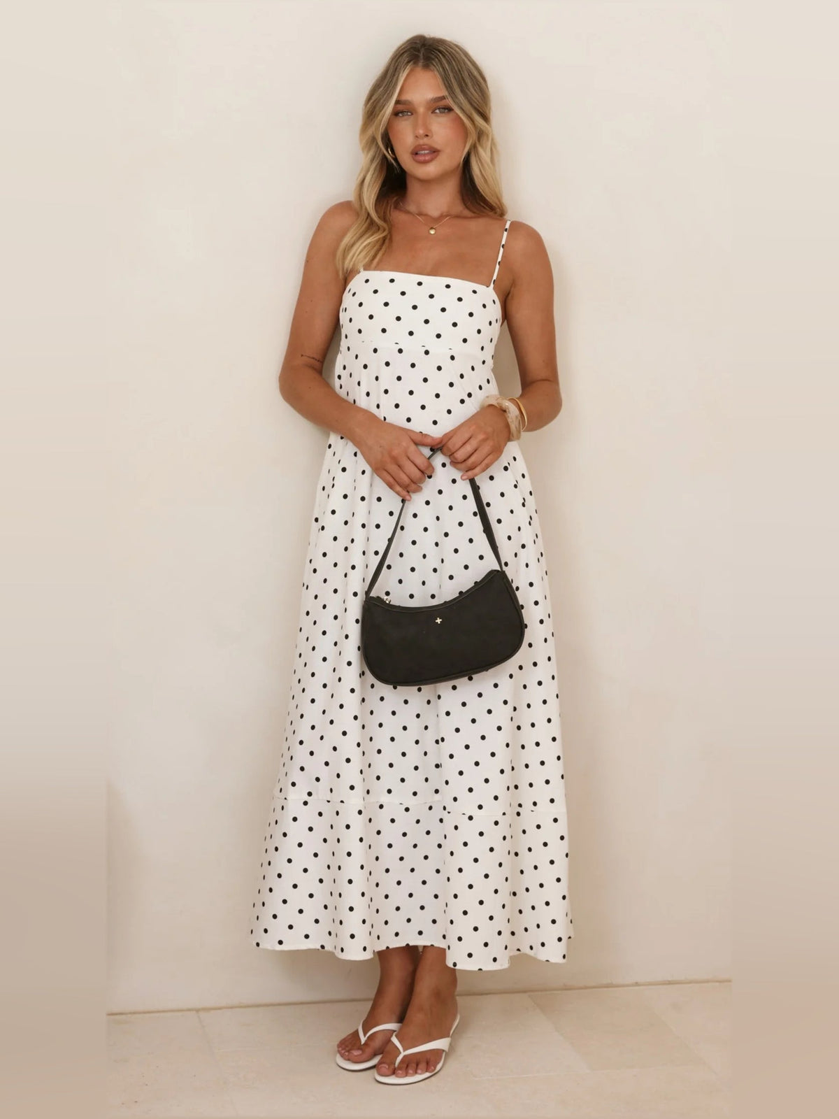 White Black Polka Dot sheath maxi formal dress with printed pattern, alternate view showing the hem