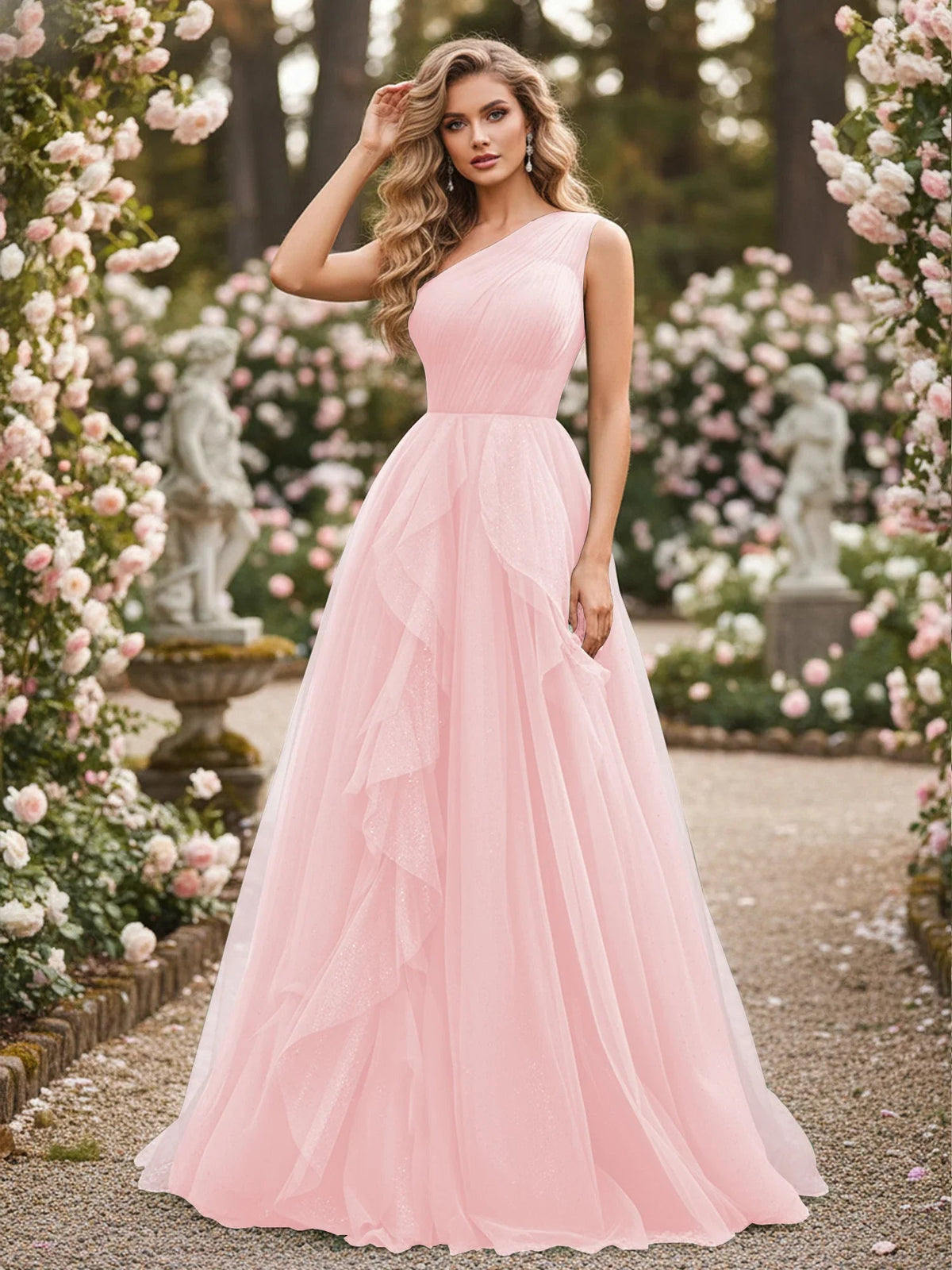 Blush pink one-shoulder corset dress with pleated tulle skirt, floor-length, front view