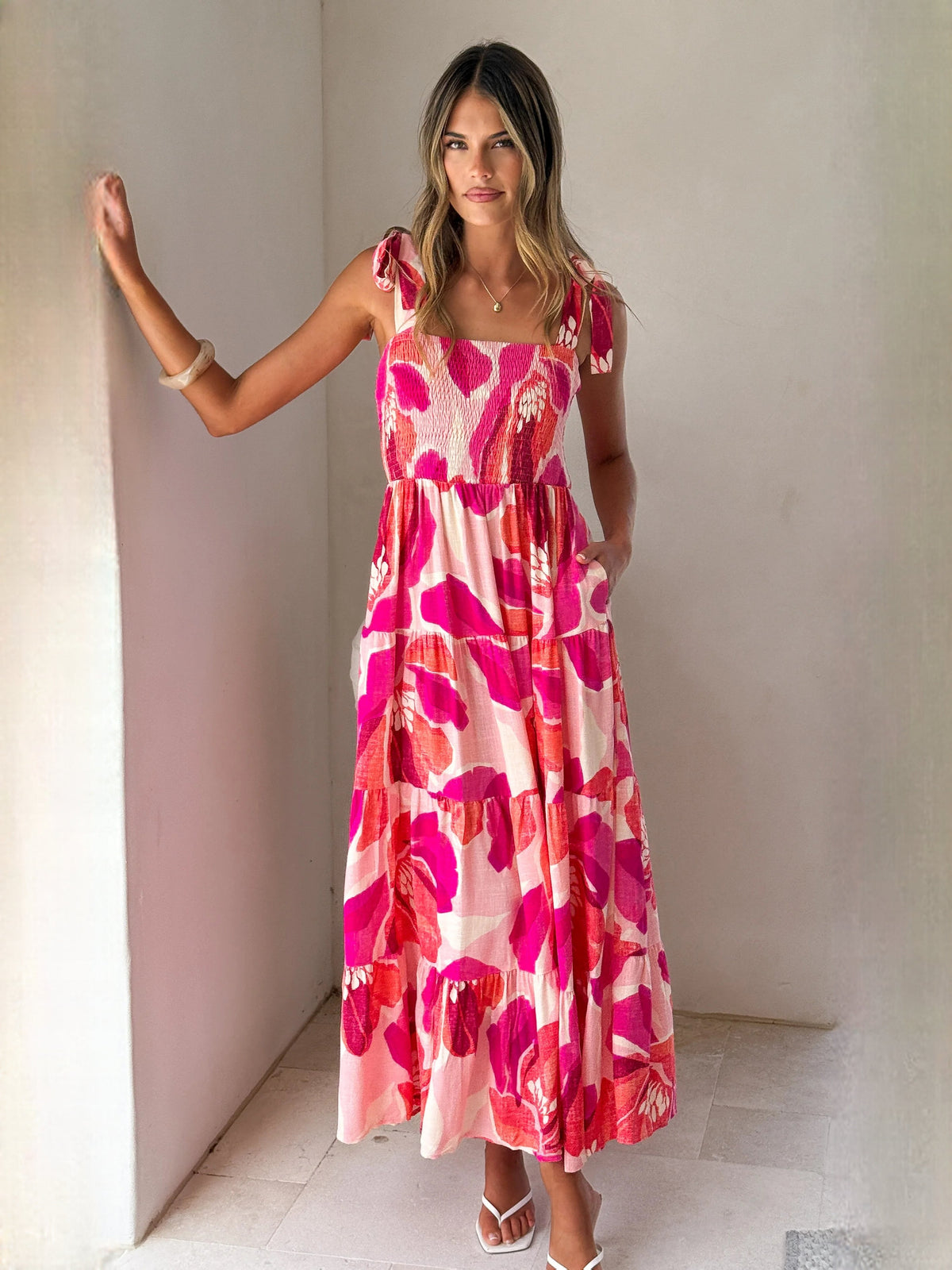 Pink a-line maxi formal dress with tiered skirt, alternate view showing the hem