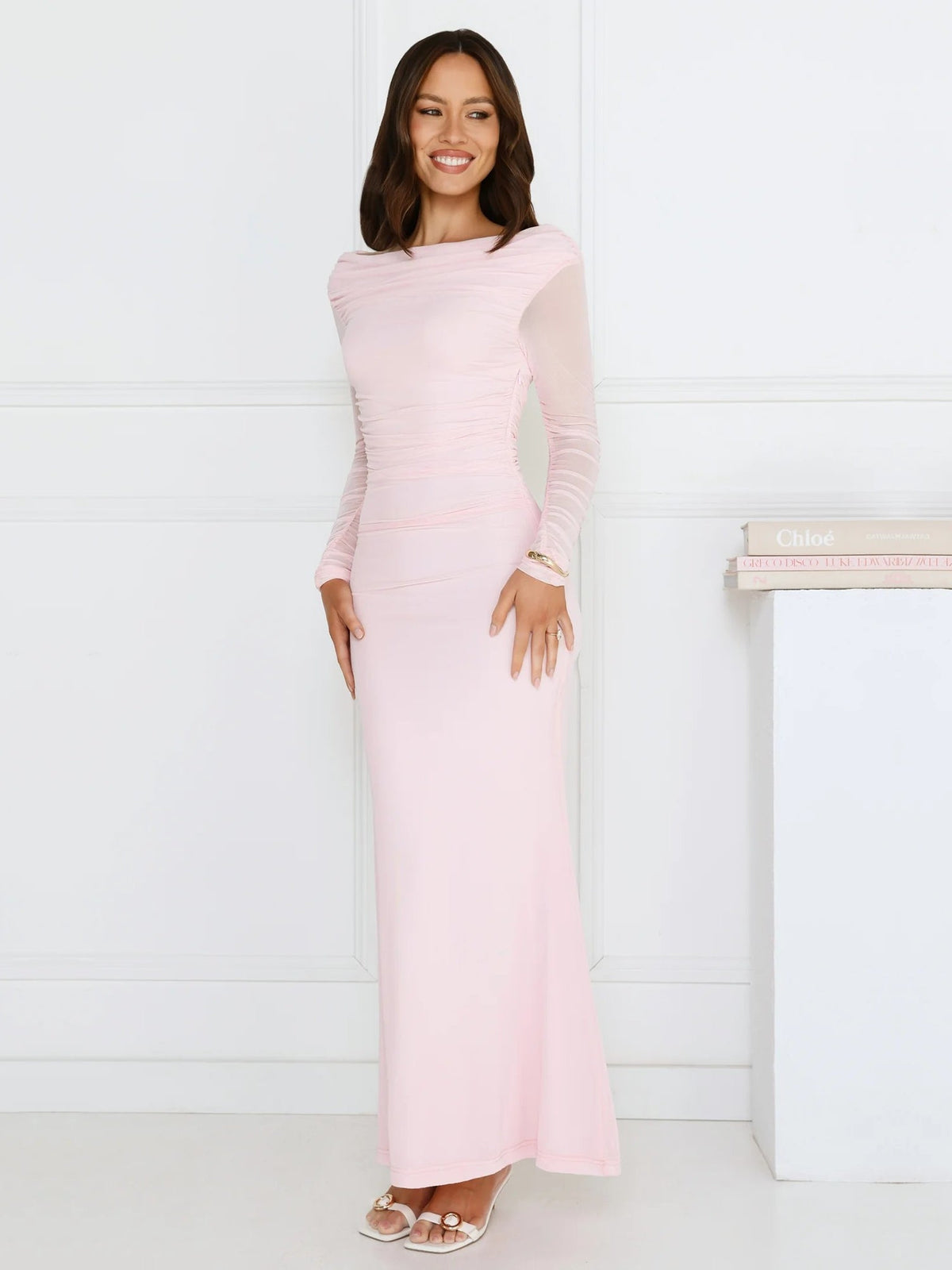 Pink sheath maxi formal dress with sheath, alternate view showing the hem