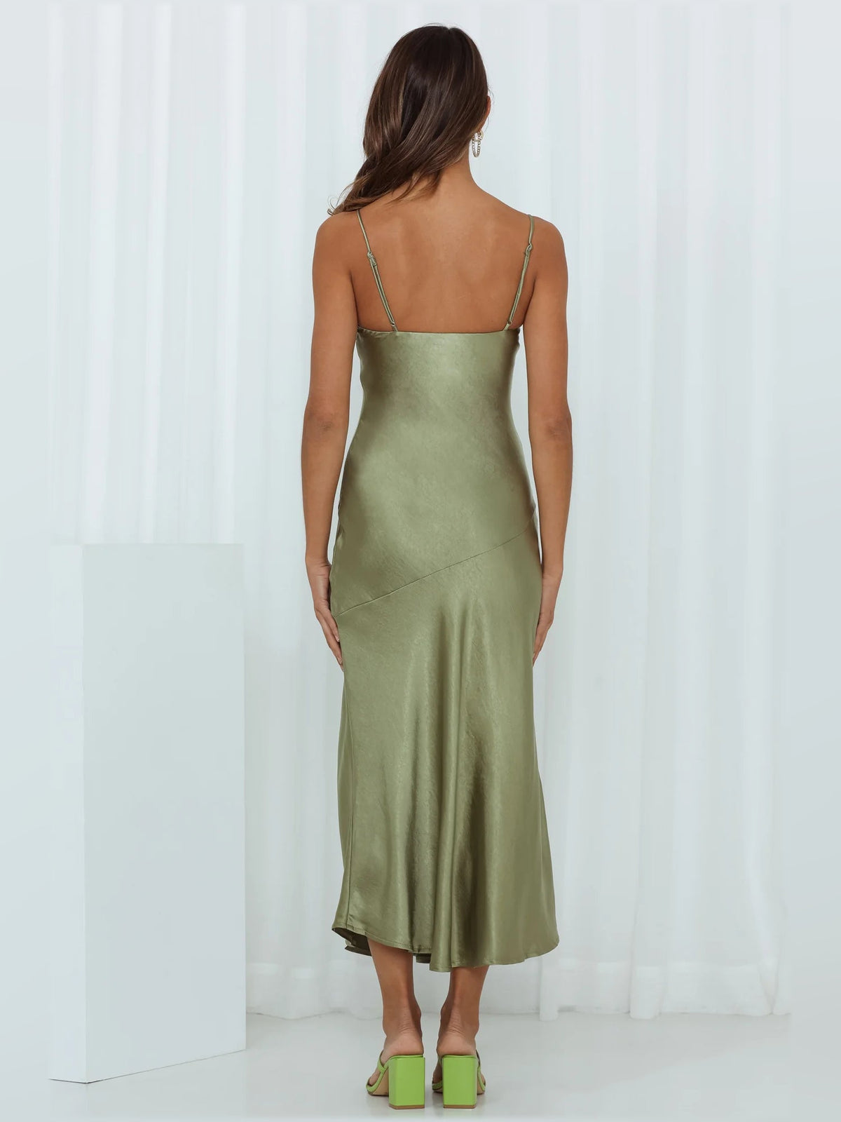 Olive satin midi dress, back view, thin straps and center back seam