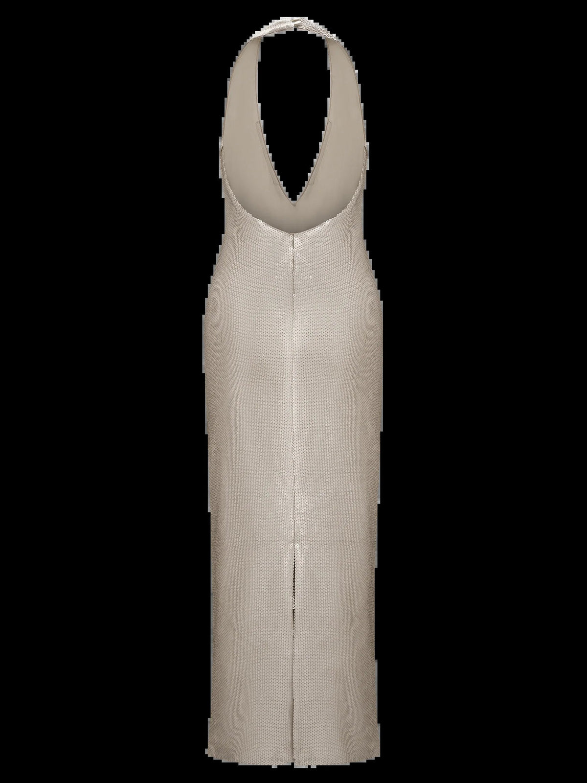 Gold sequin halter midi formal dress with V halter neckline and fitted skirt