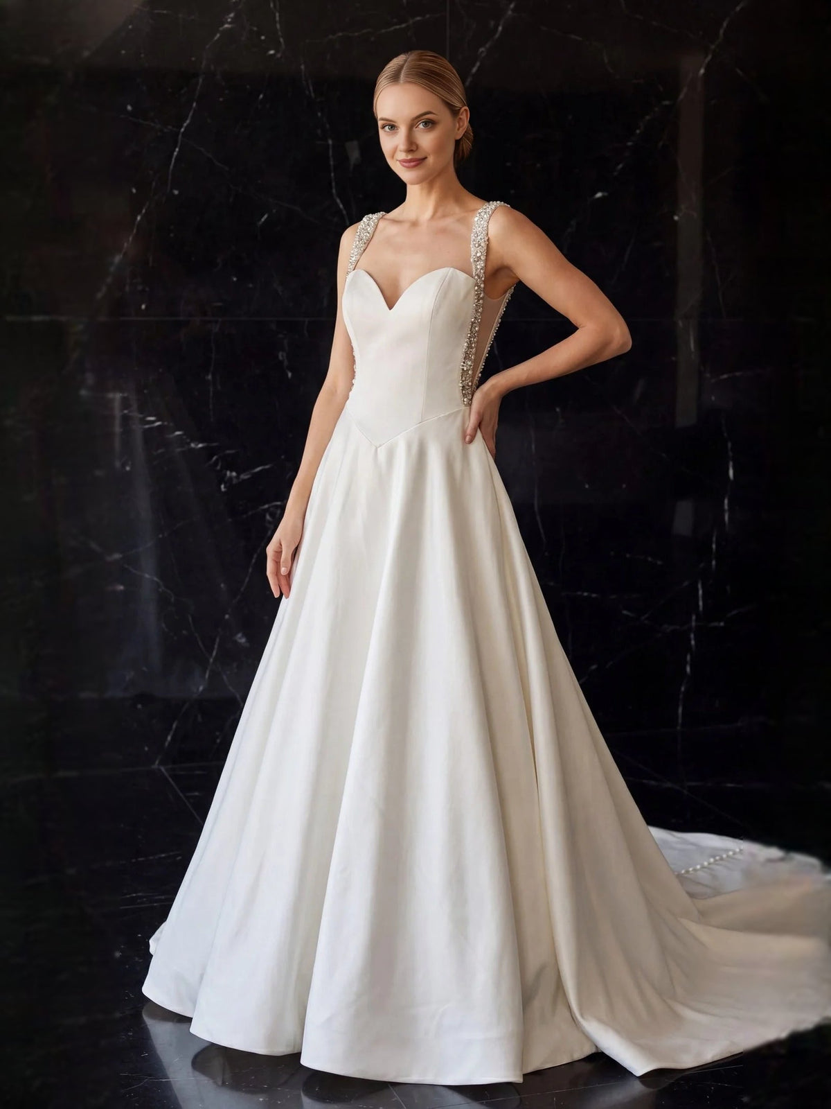 White satin A-line wedding dress with sweetheart bodice and beaded crystal vertical trim
