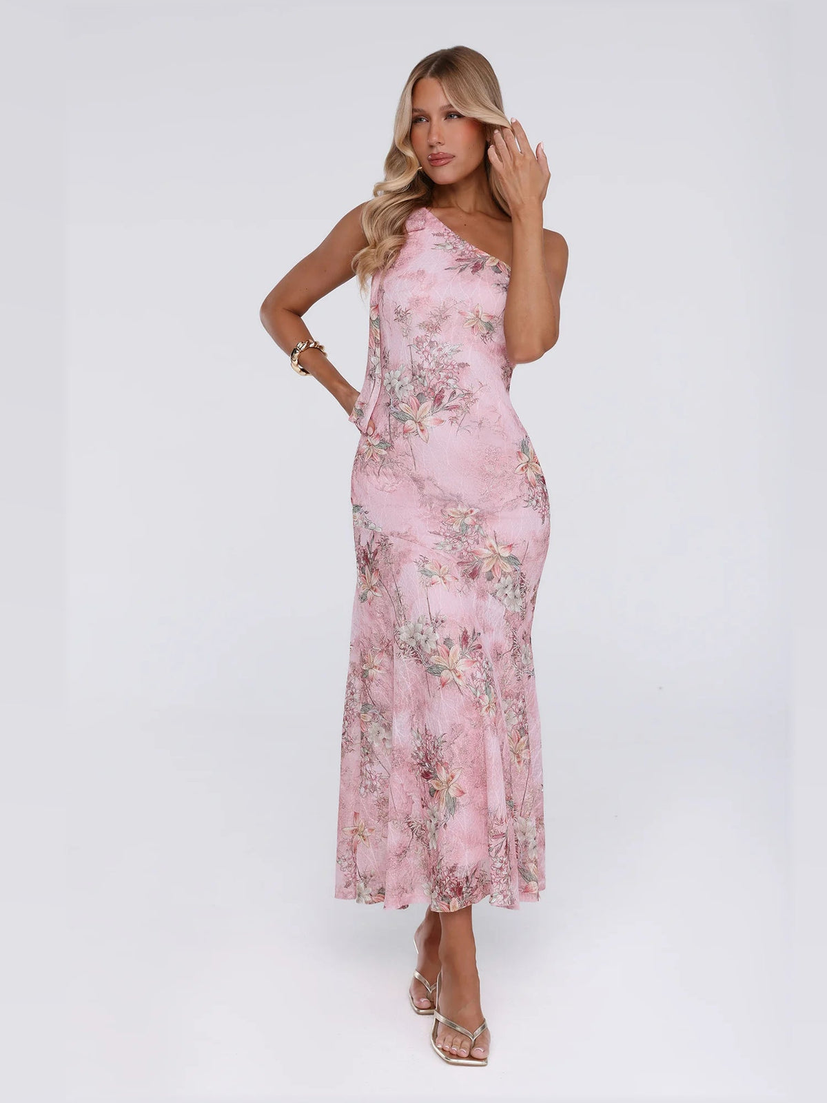 Pink maxi formal dress, alternate full-length view showing the overall shape