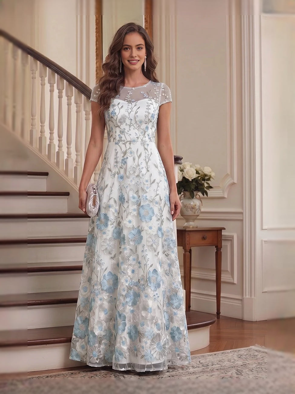 Light blue embroidered floral cap-sleeve A-line tulle floor-length mother-of-the-bride dress