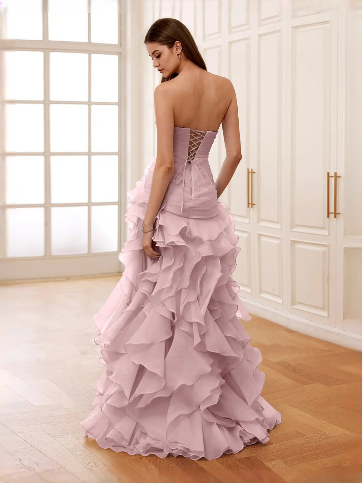 Dusty pink corset prom maxi dress, ruched back with layered ruffle skirt