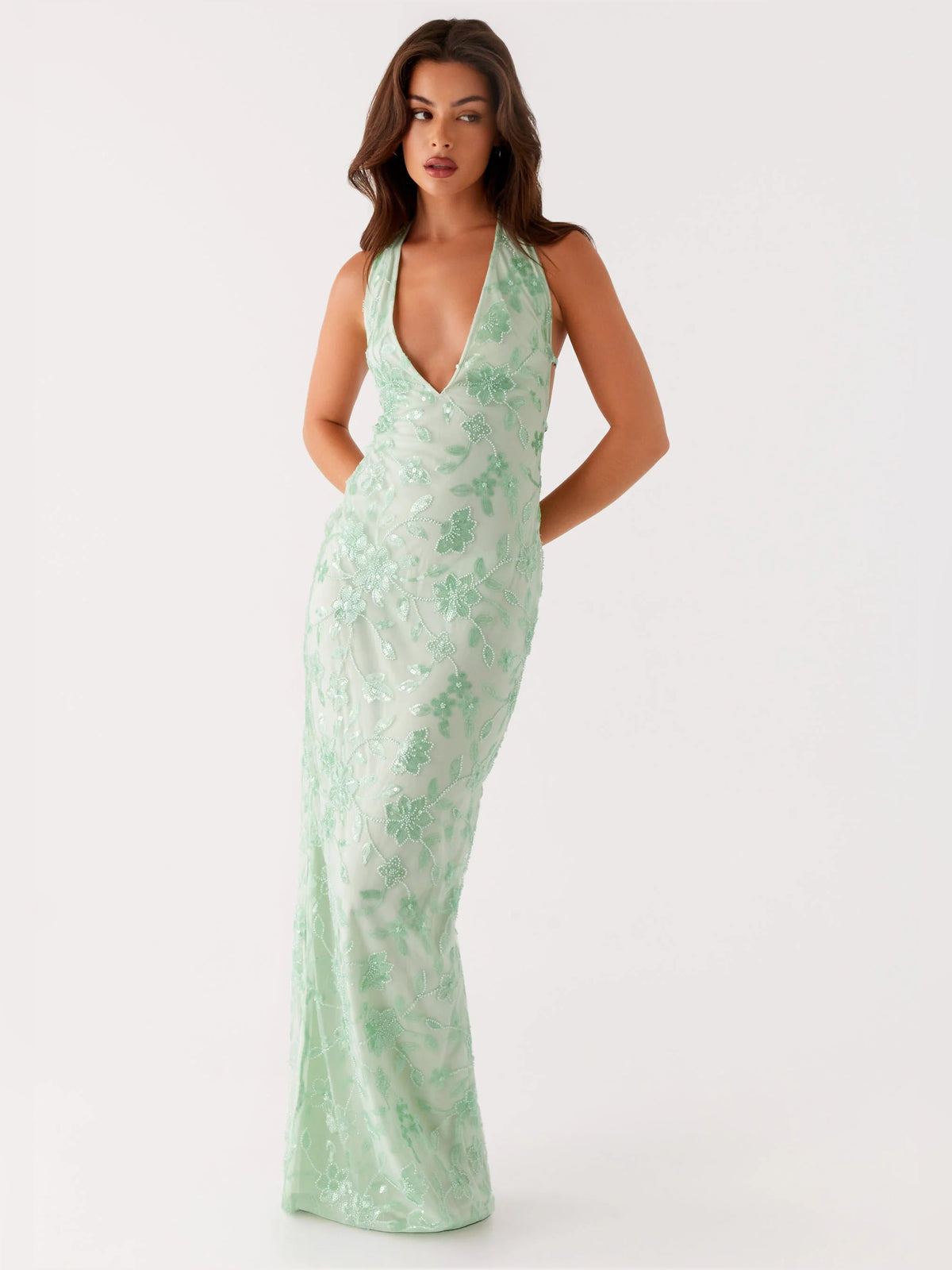 Sage sheath maxi formal dress with beading, alternate full-length view showing the hem