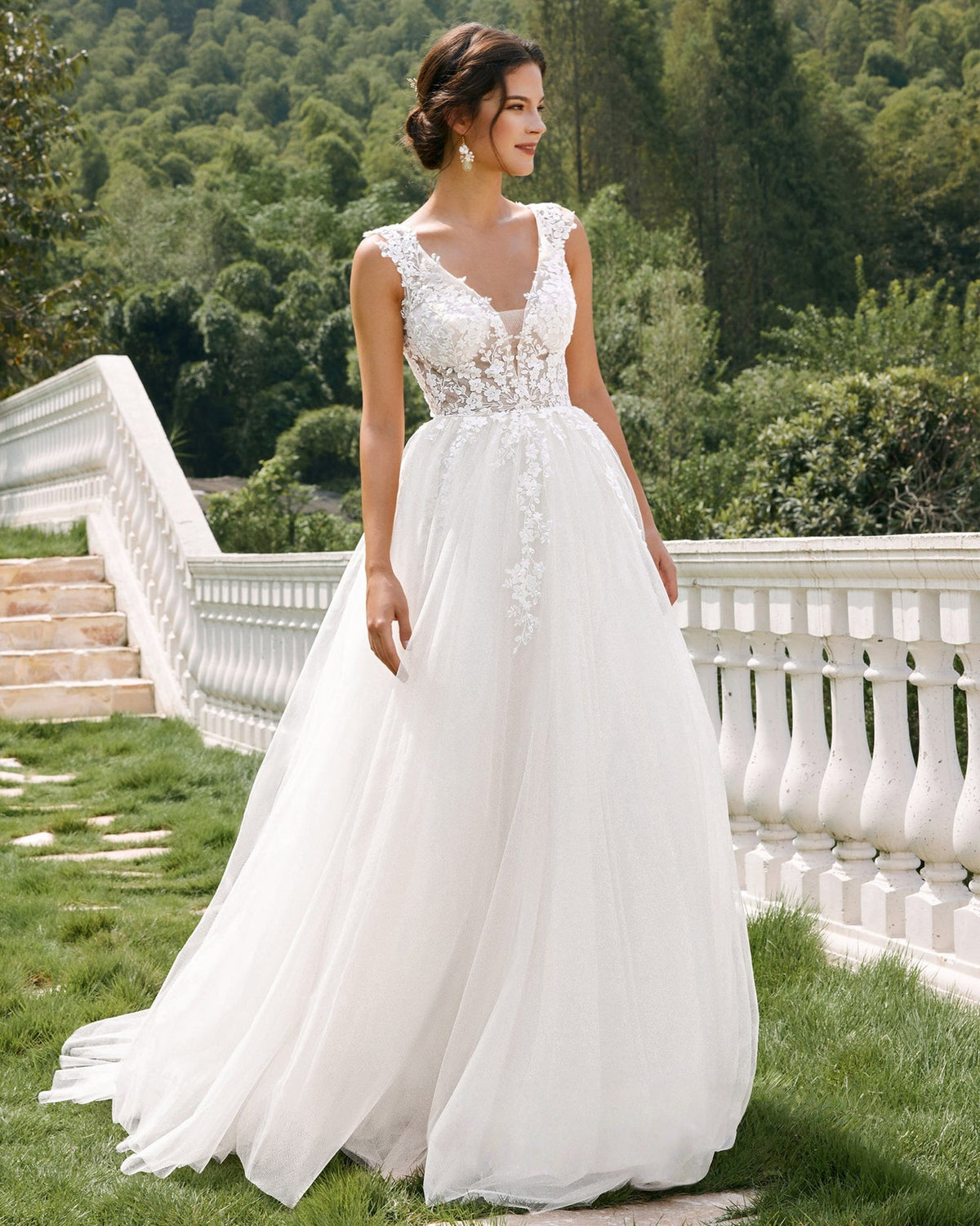 sleeveless v-neck lace tulle a-line wedding dress - image 7