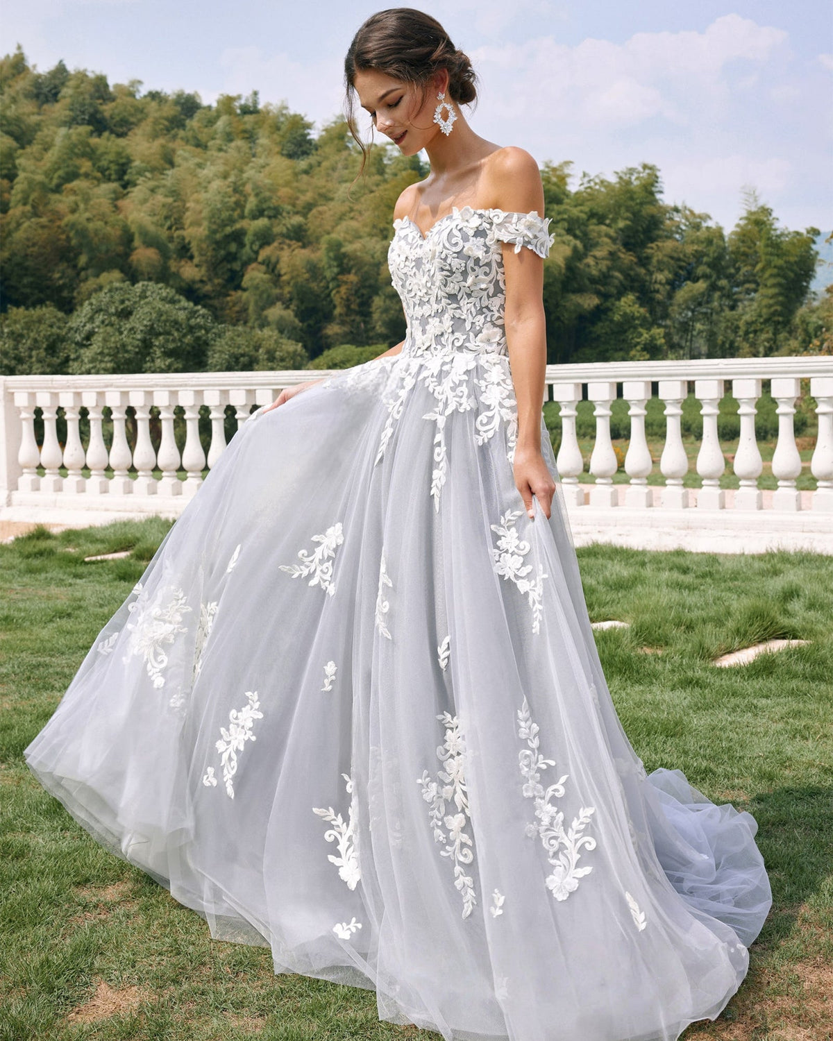 off-shoulder lace applique tulle ball gown wedding dress - image 7
