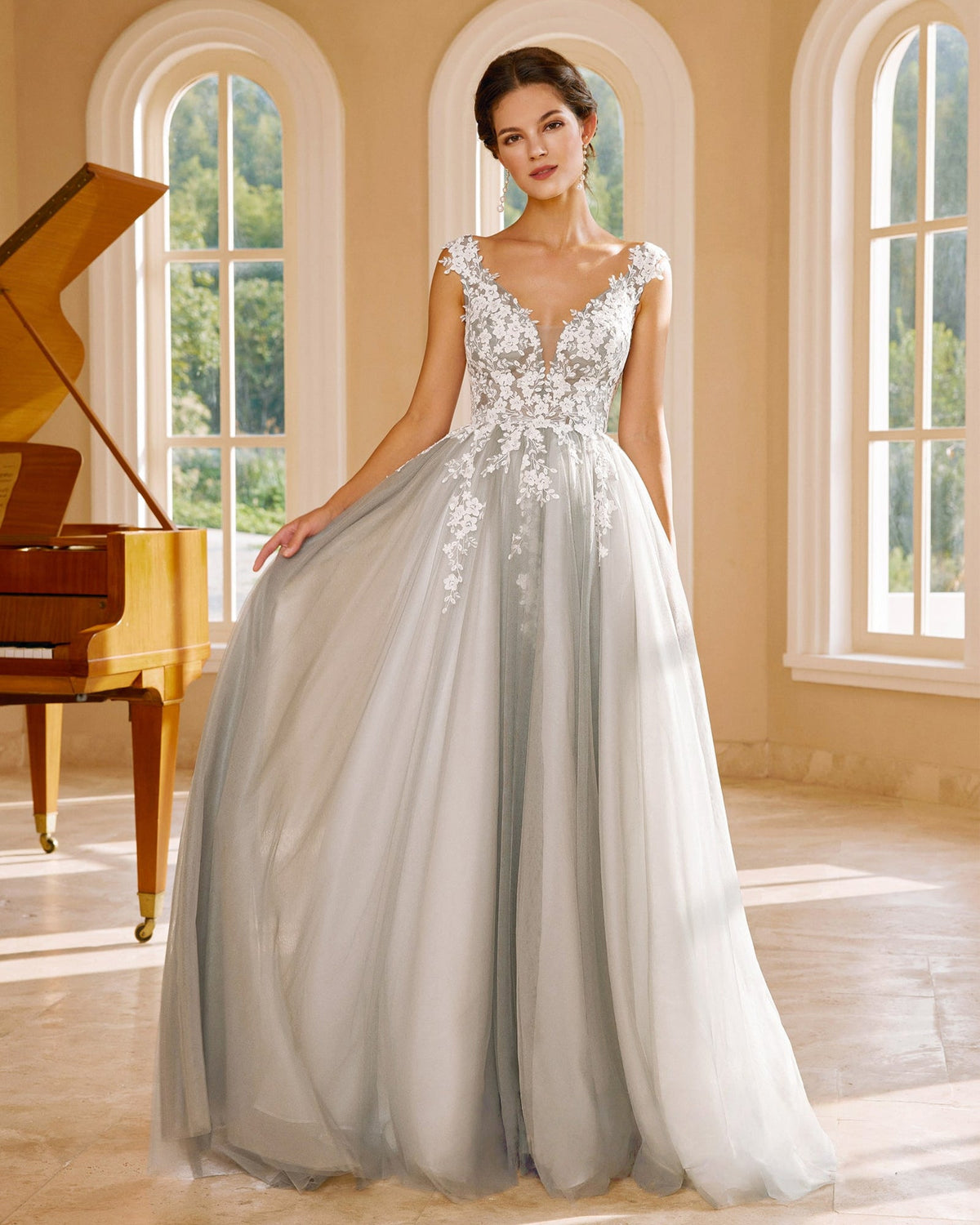 cap sleeve v-neck lace applique a-line wedding dress - image 7