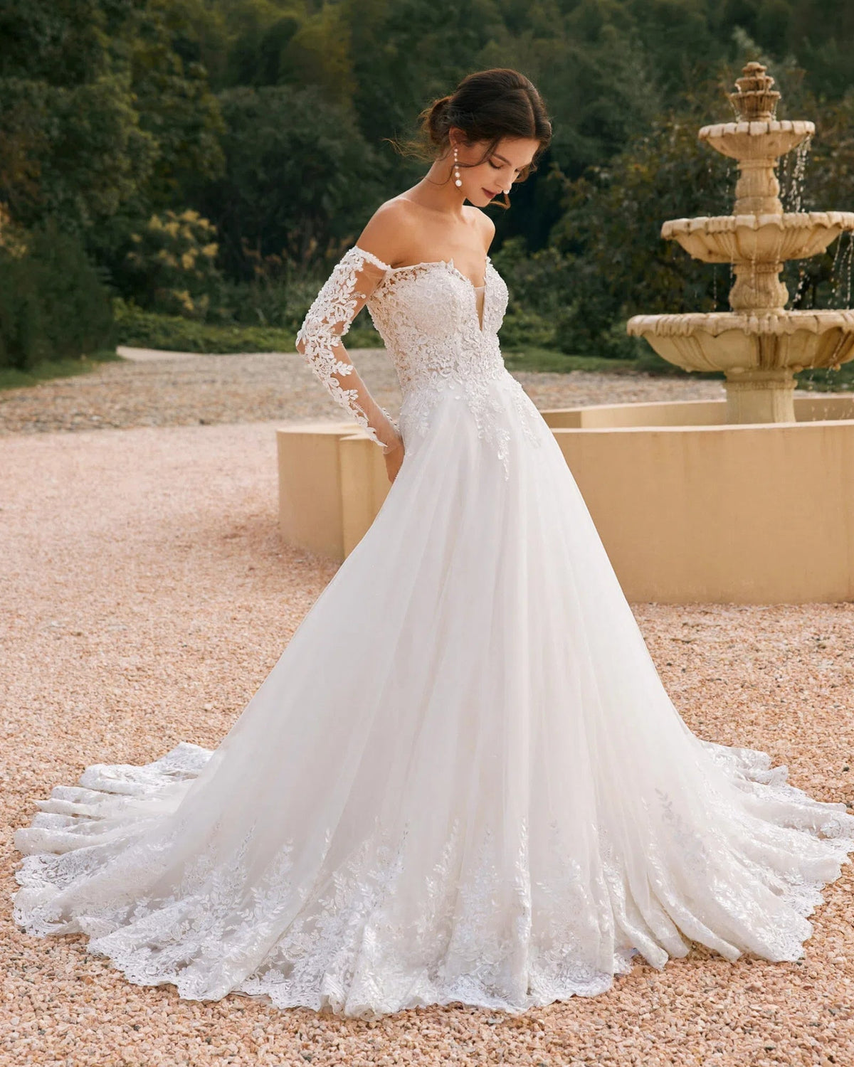 off-shoulder lace sleeve tulle wedding ball gown - image 7