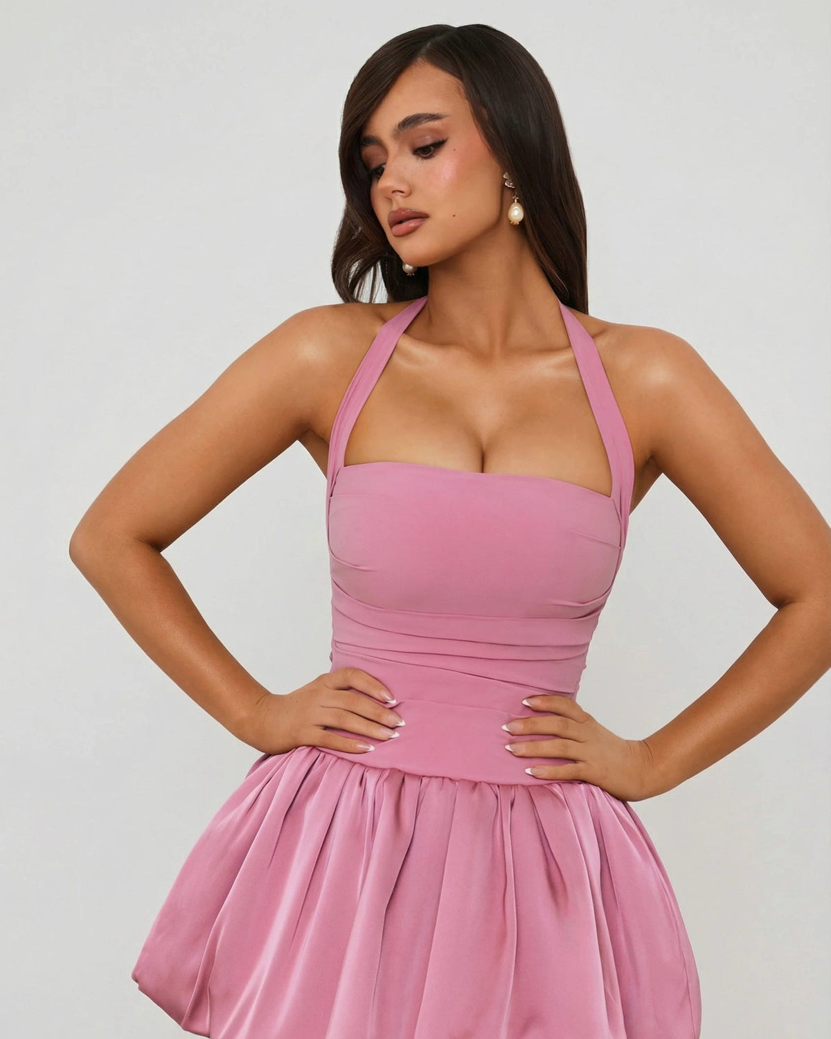 Mauve halter corset mini dress with sweetheart neckline and ruched waist