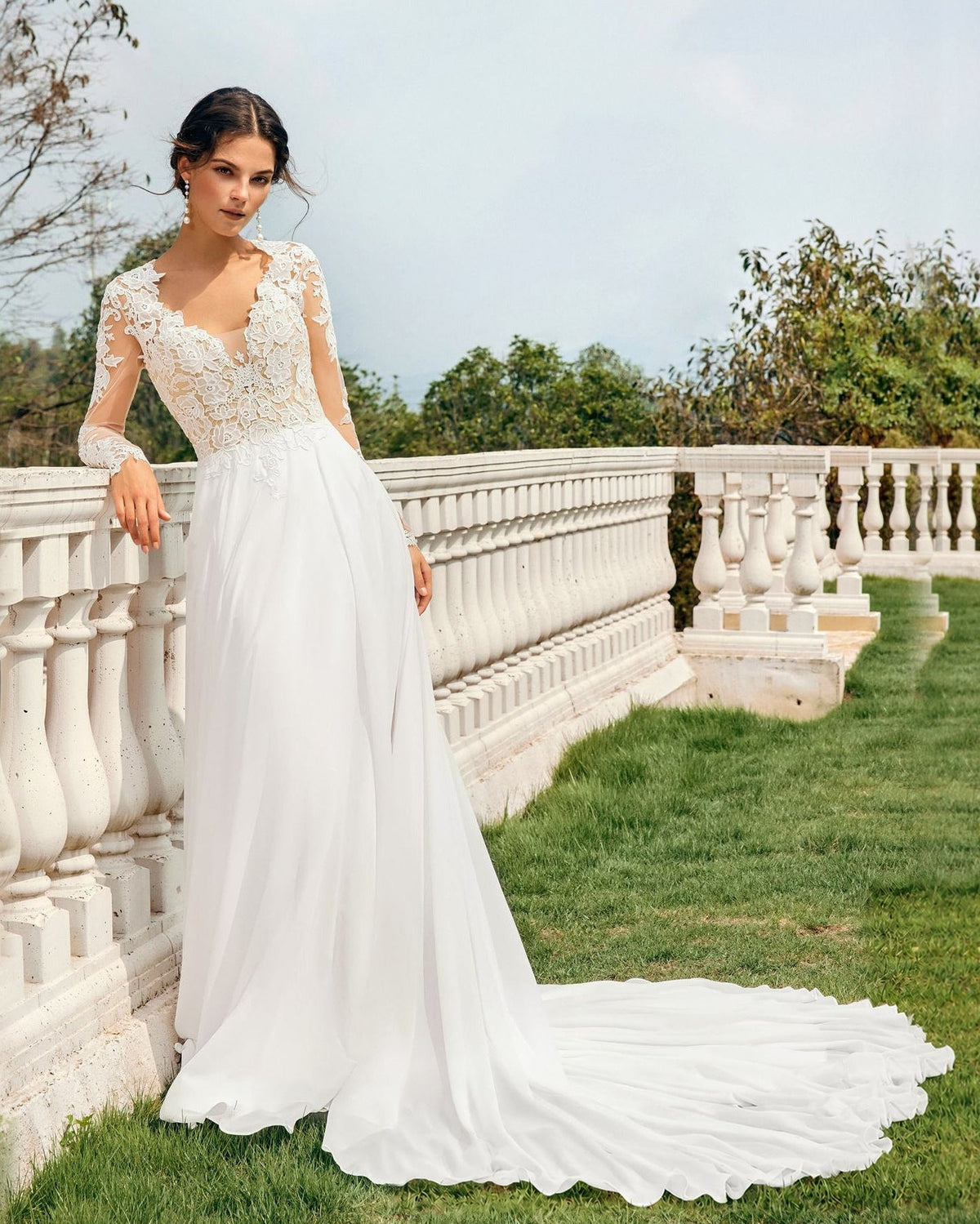 v-neck long sleeve lace chiffon a-line wedding dress - image 7