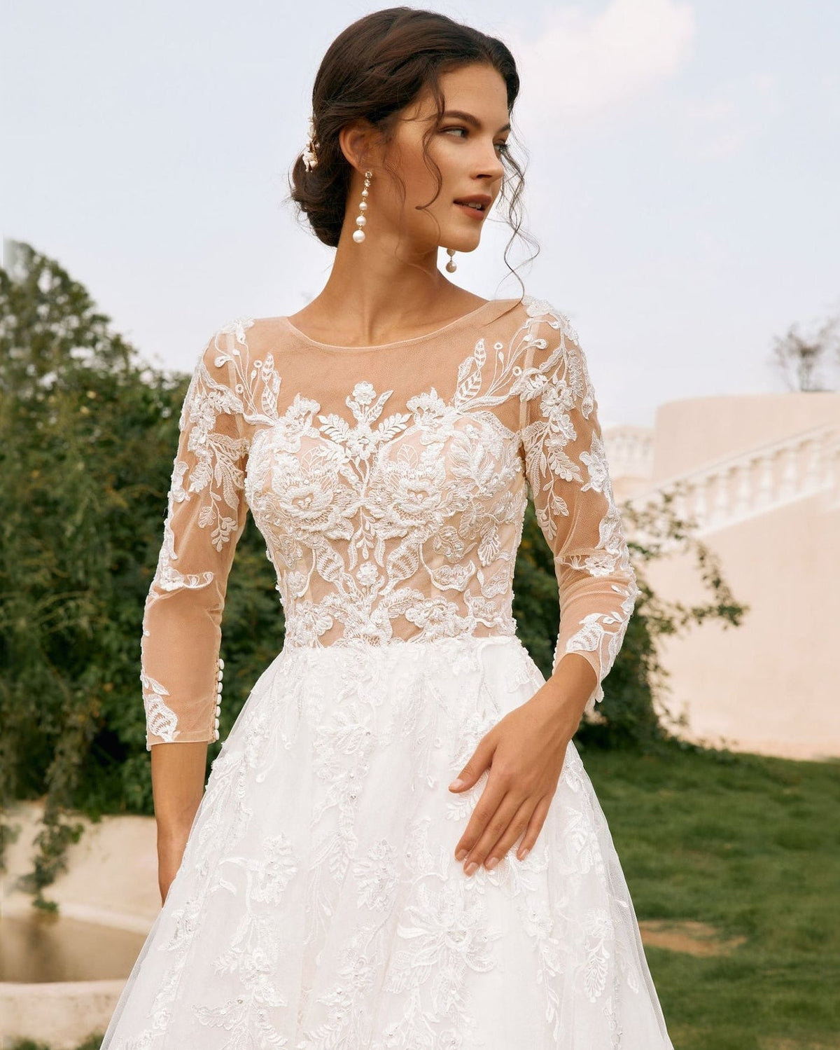 bateau neck lace sleeve tulle a-line wedding dress - image 7