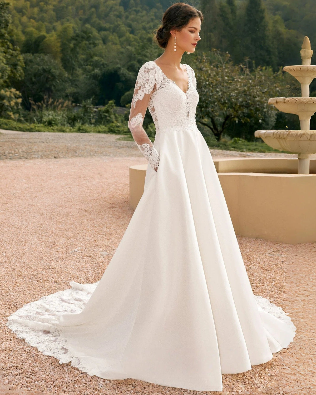 long sleeve lace bodice satin a-line wedding dress - image 7
