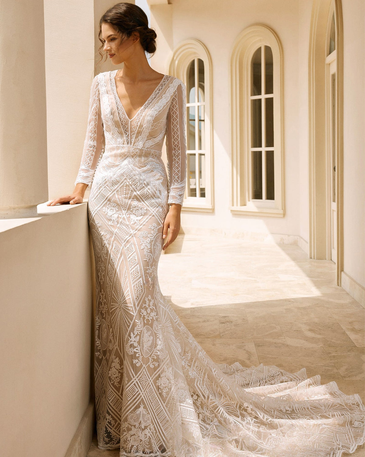 long sleeve geometric lace mermaid wedding dress - image 7