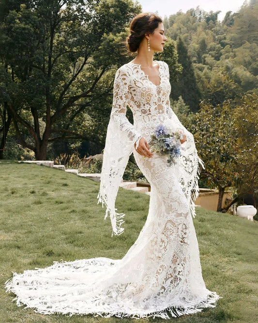 fringe bell sleeve lace mermaid wedding dress - image 7