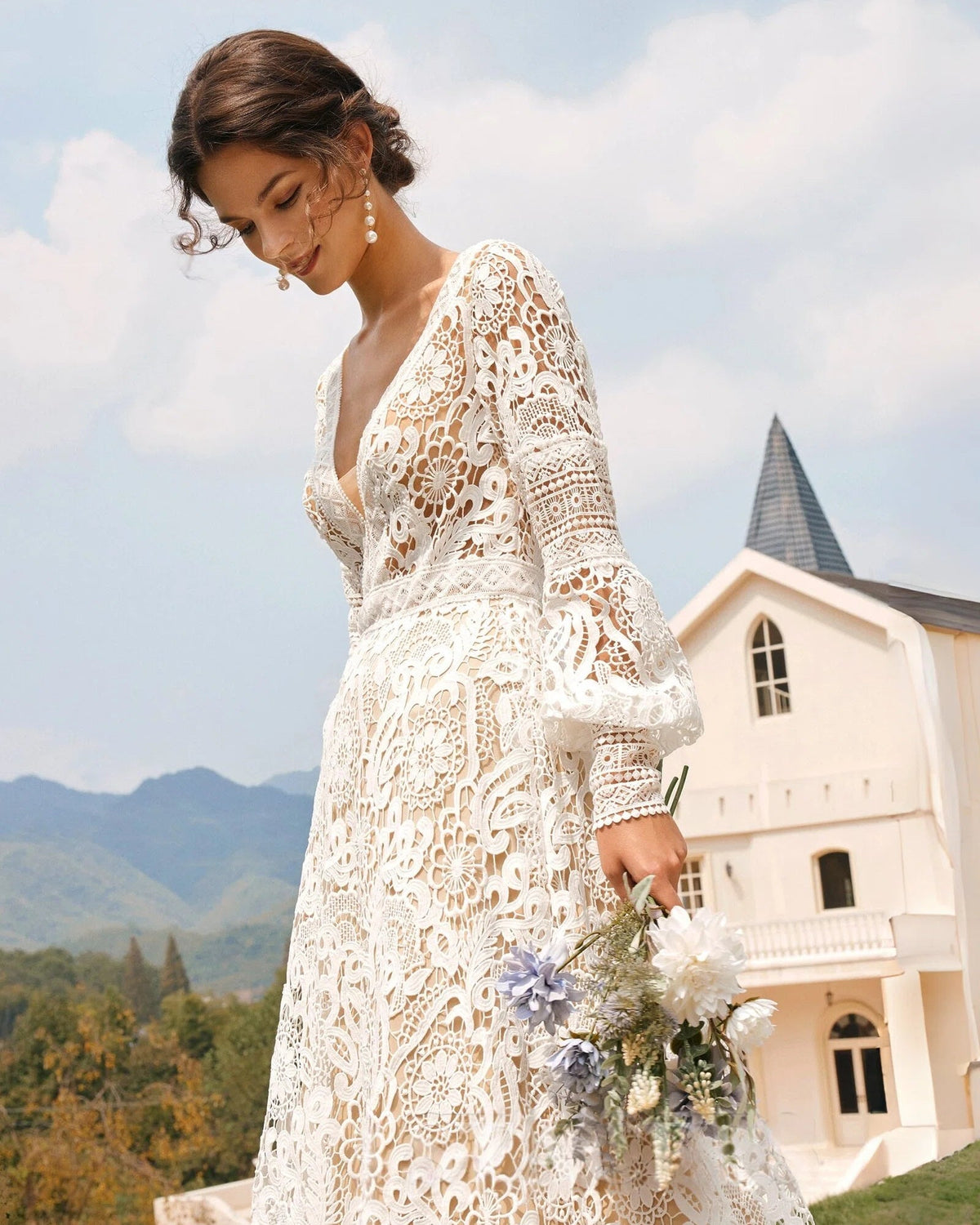 boho bishop sleeve crochet lace wedding dress - image 7