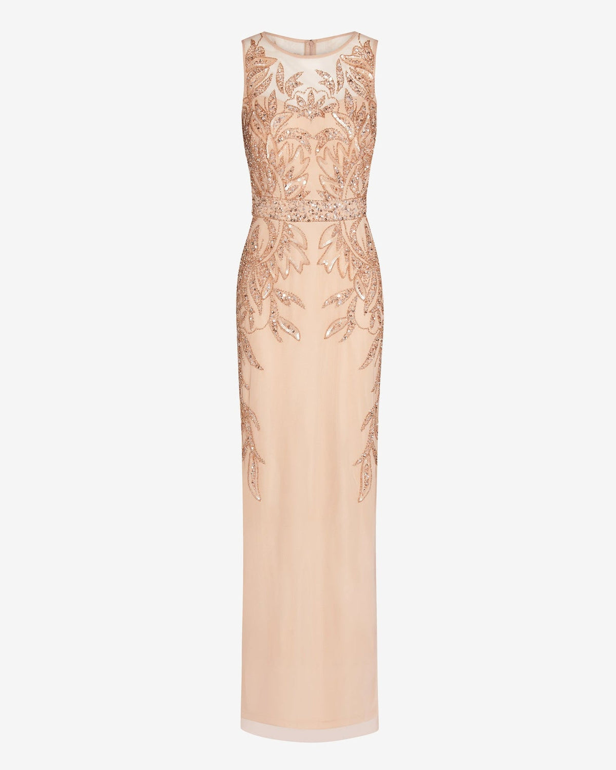 Rose gold sleeveless maxi sheath dress on a plain background with intricate beadwork