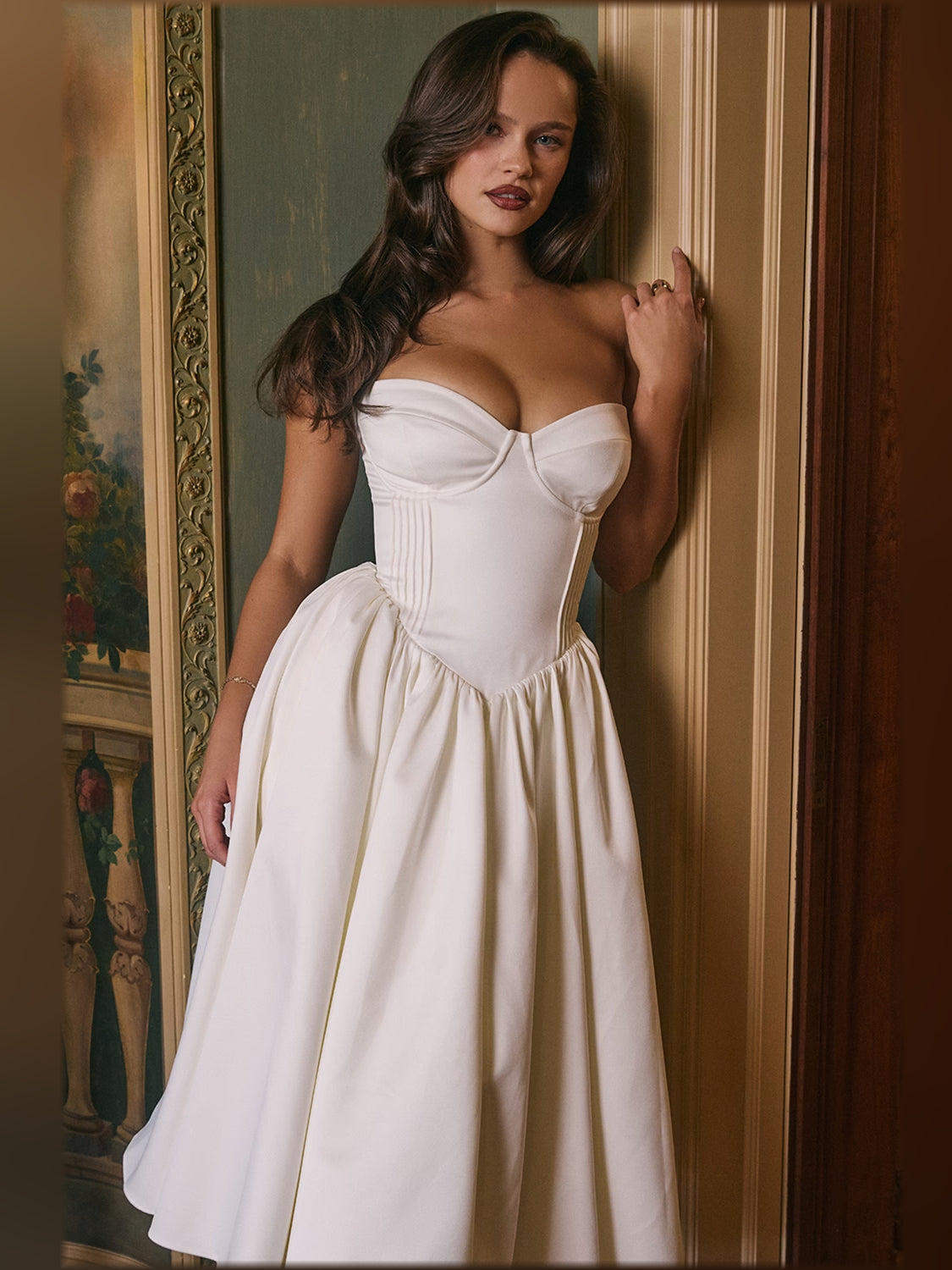 Ivory satin midi dress with sweetheart corset bodice and full pleated skirt