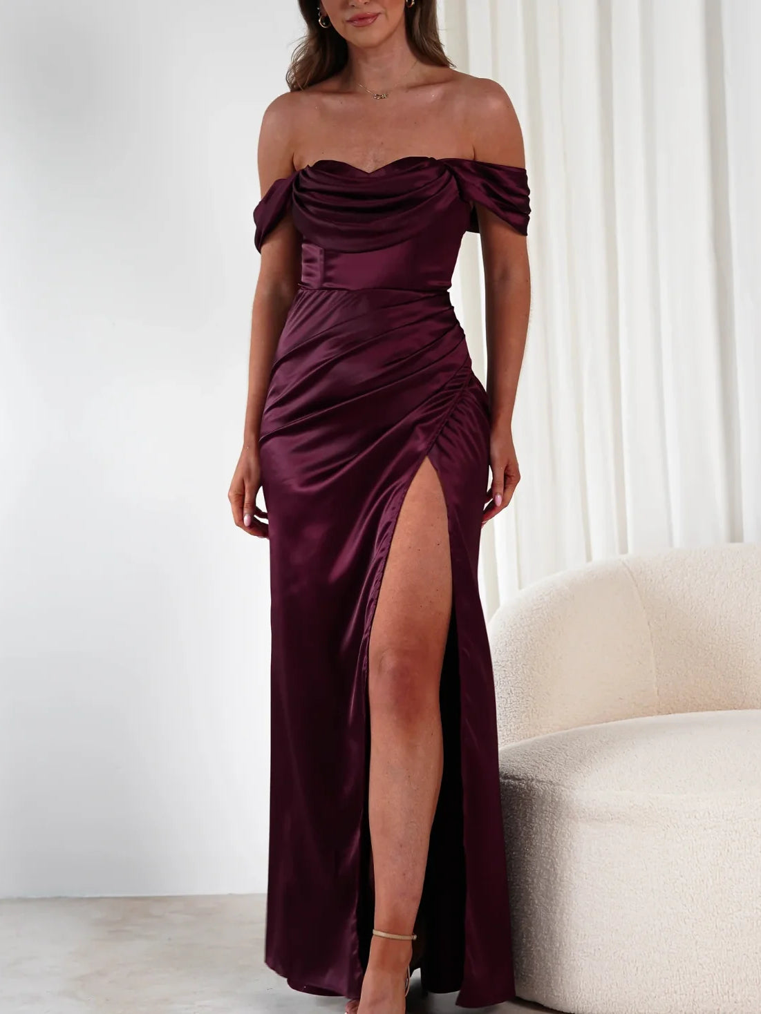 Off-the-shoulder satin slit sheath dress, wine plum, gathered bodice with front thigh slit