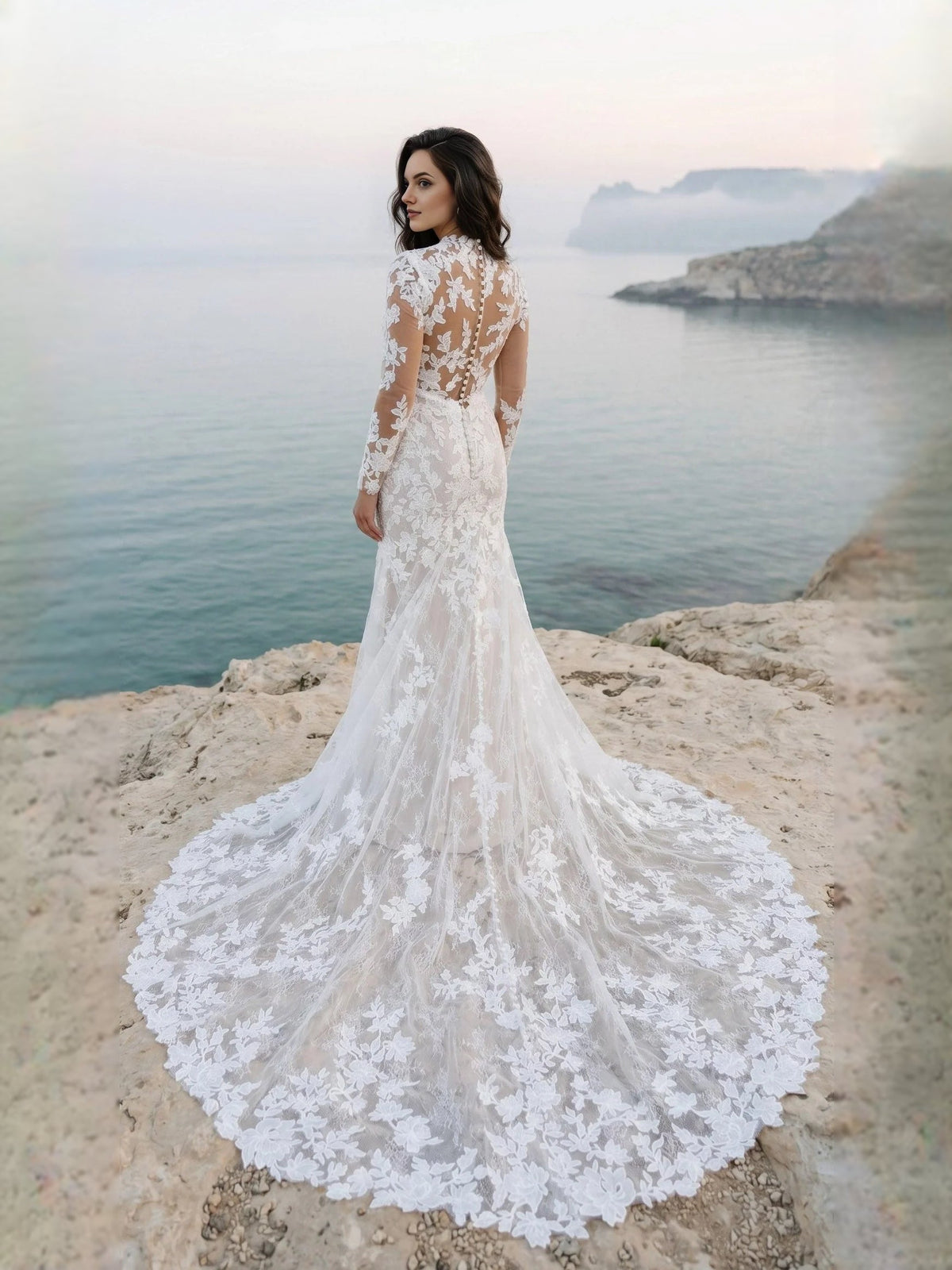 Ivory lace mermaid wedding dress with high-neck illusion bodice, long sleeves, flared hem.