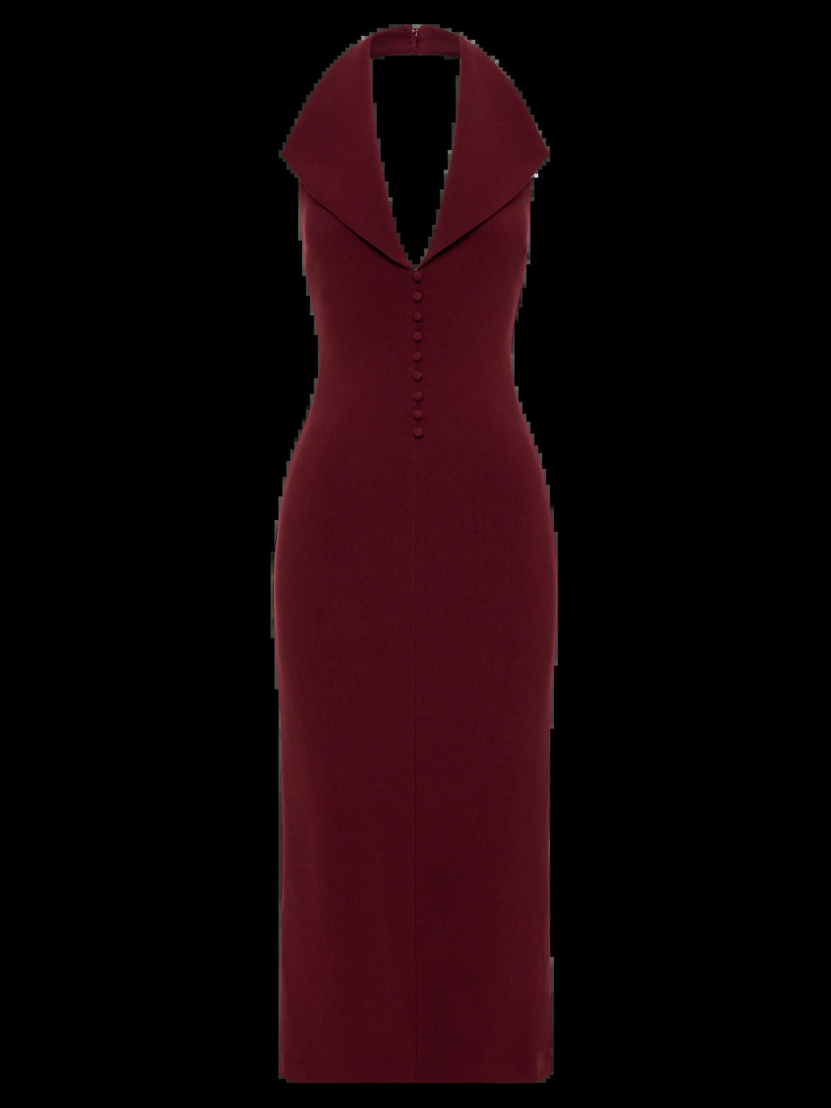 Merlot crepe halter midi dress on hanger, open-back V with button row