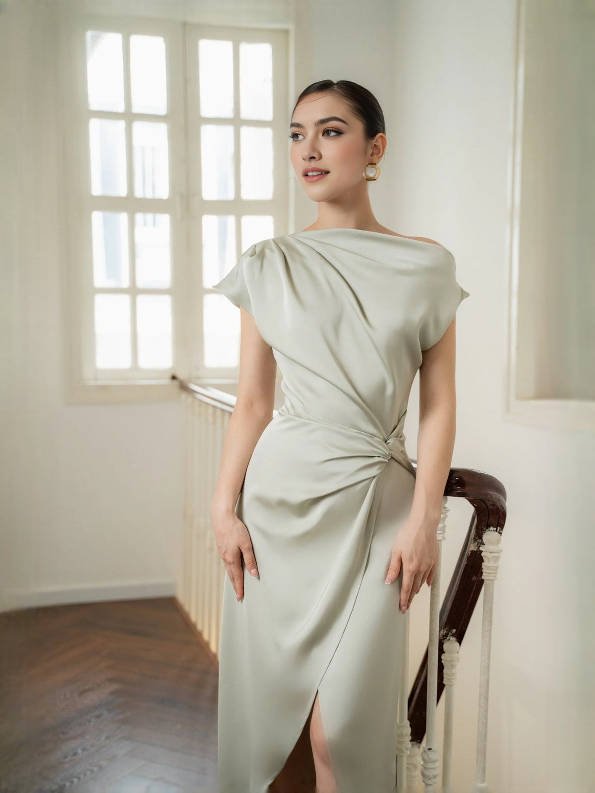 Sage green satin off-shoulder maxi prom dress with draped wrap waist and slit