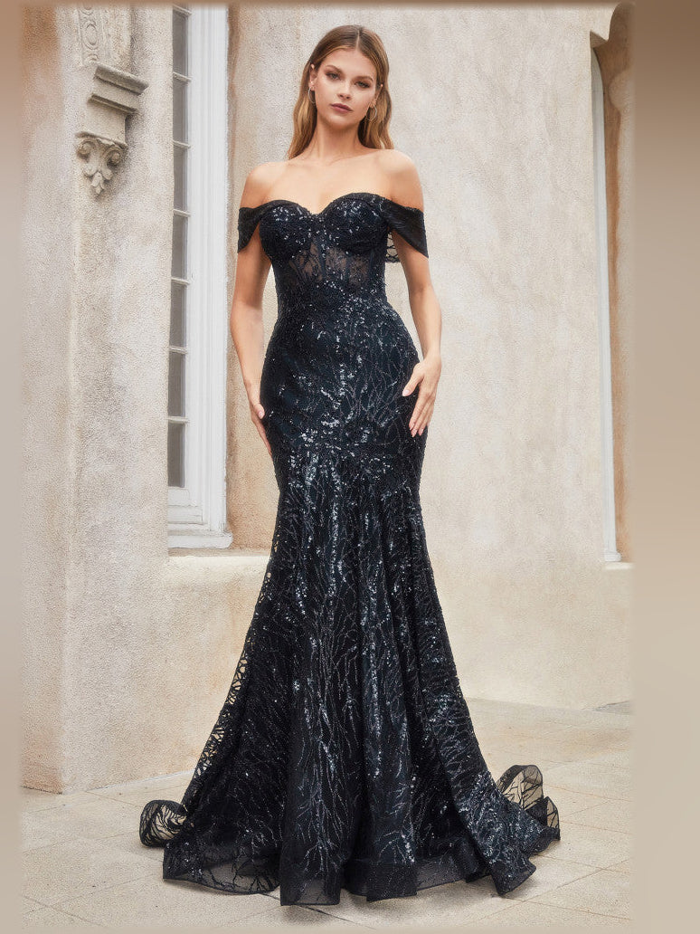 Off-shoulder corset mermaid formal dress in black, floor-length with off-shoulder neckline