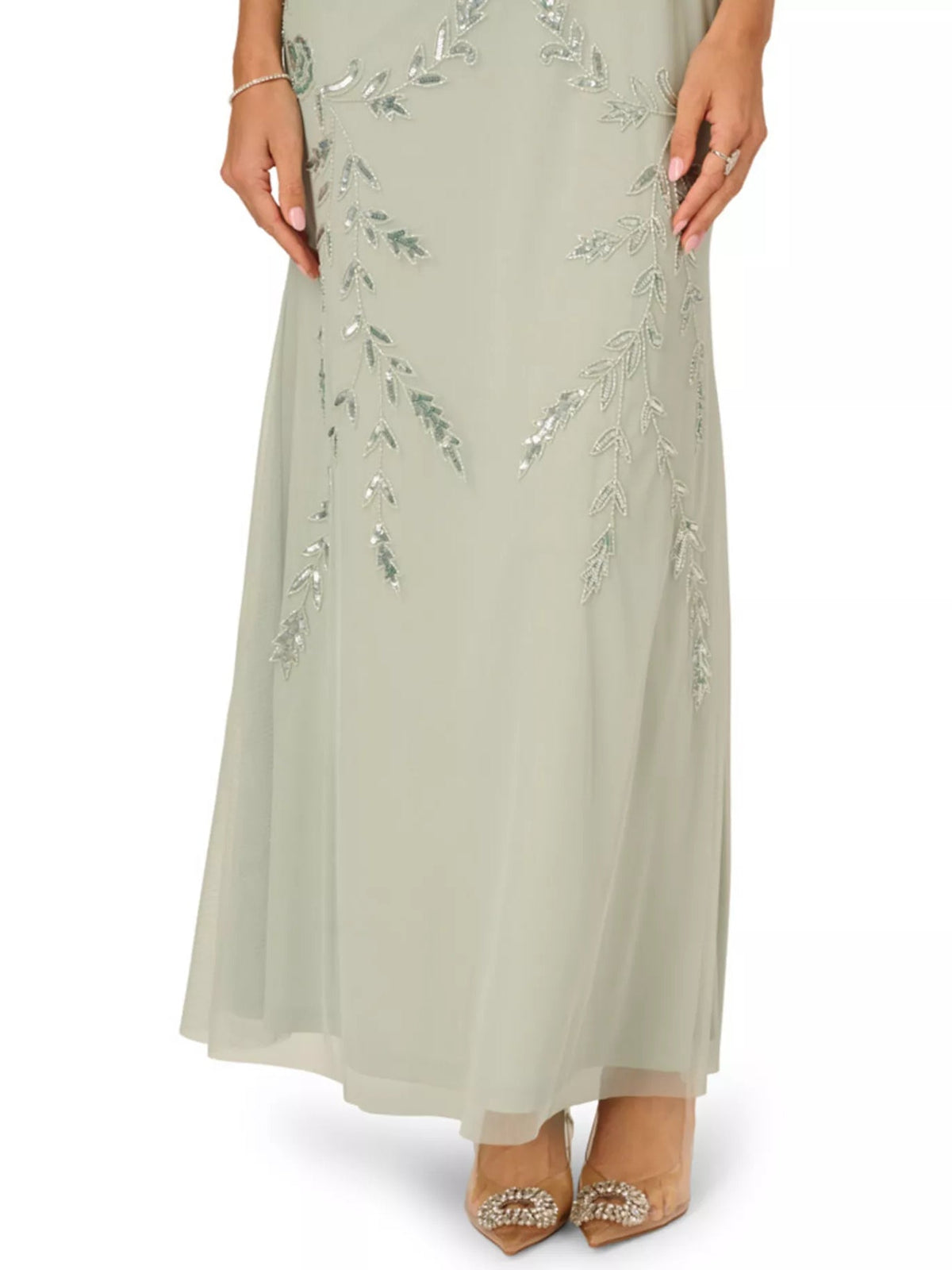 Sage green beaded sheath maxi dress hem and side view with flowing chiffon finish