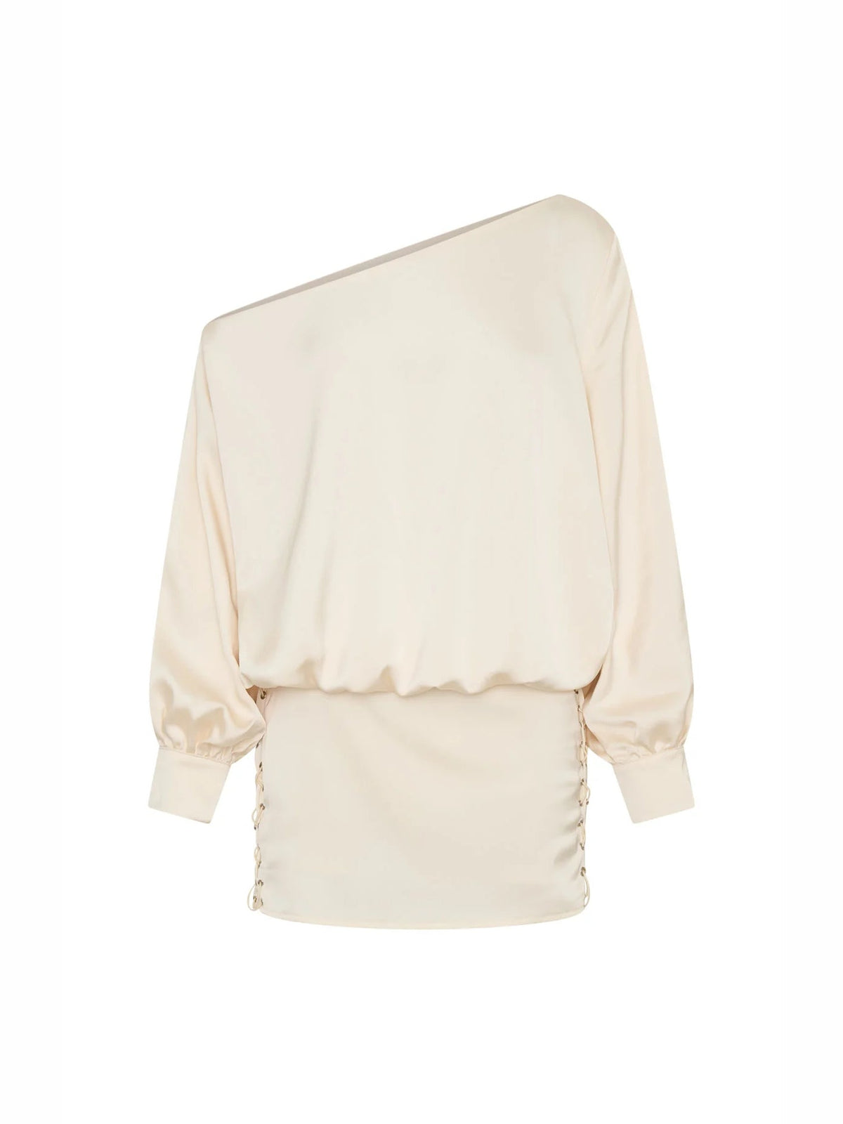 Off-white mini homecoming dress with draped back and ruched corset-style detailing