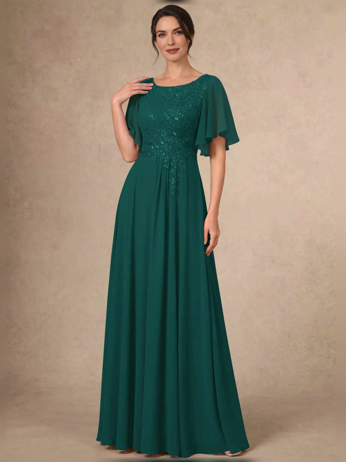 Dark green sequin bateau-neck A-line maxi chiffon dress with flutter sleeves