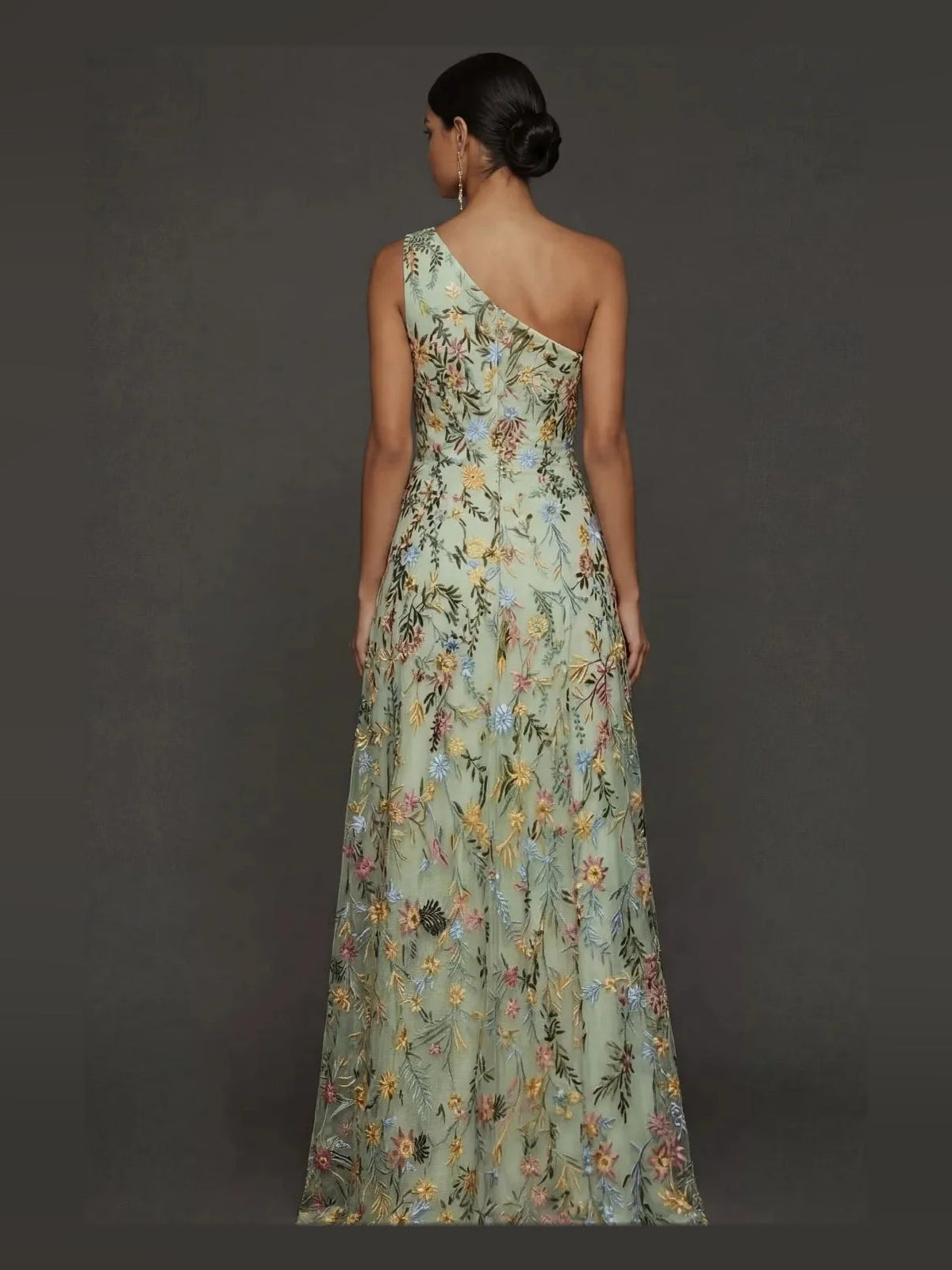 Light blue embroidered one-shoulder backless A-line tulle prom dress, full length