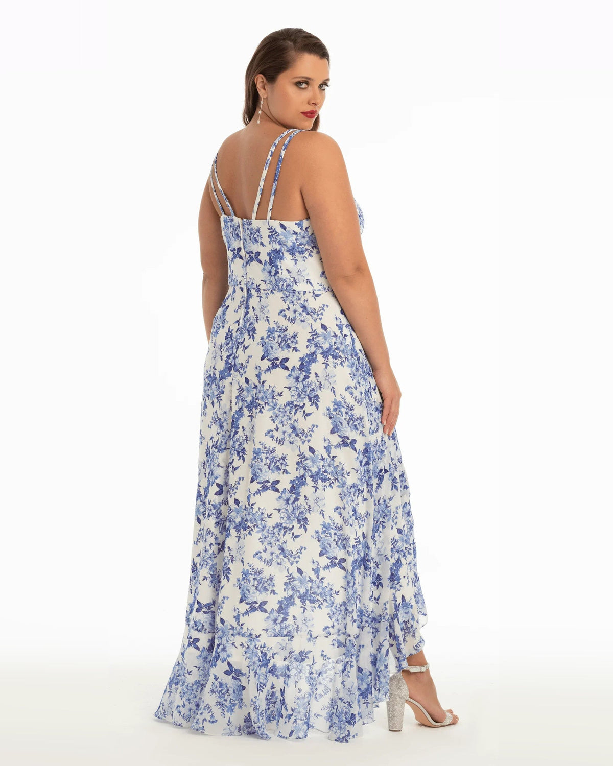 Blue floral print backless ruffle spaghetti-strap A-line high-low dress, rear angle