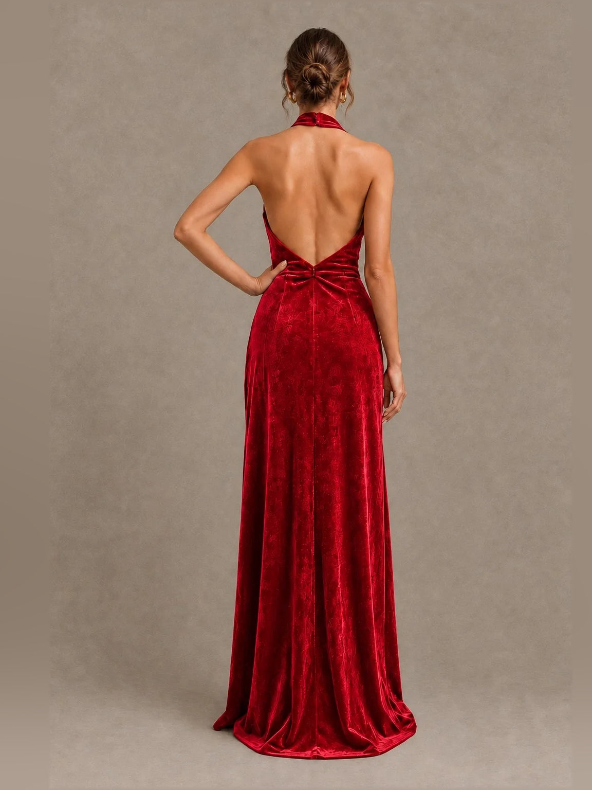 Ruched velvet halter sheath bridesmaid dress in red, open back bow, floor-length