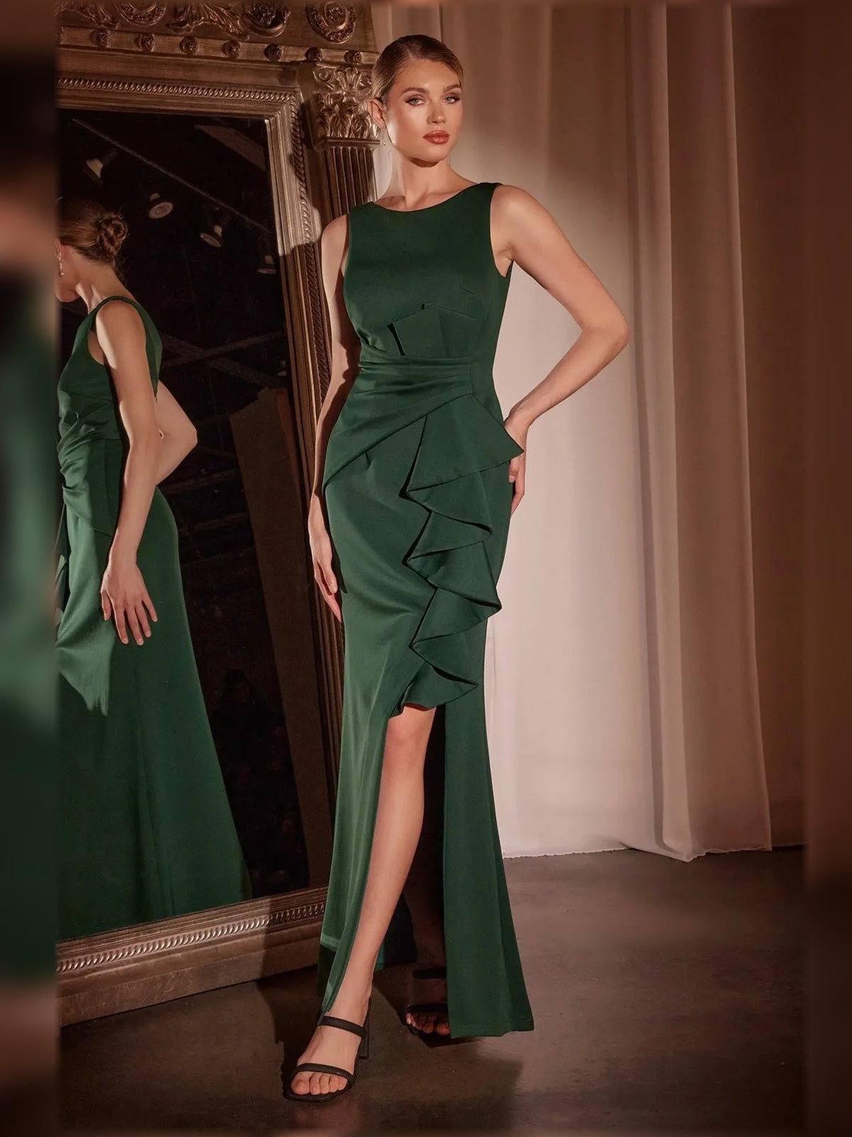 Dark green ruffled mermaid formal dress with tiered skirt ruffles and high slit