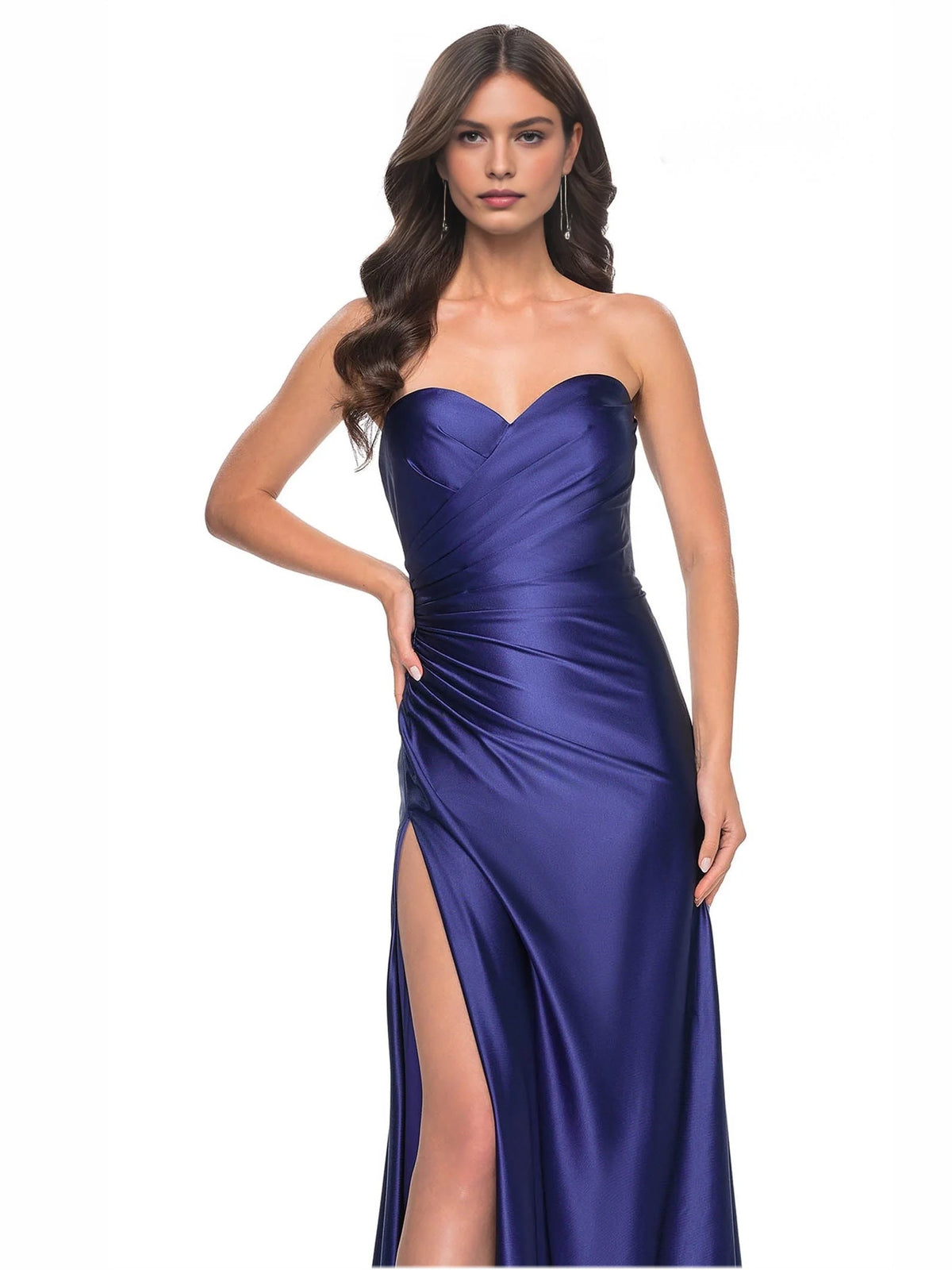Royal blue sweetheart corset satin formal dress with ruched detailing and side slit