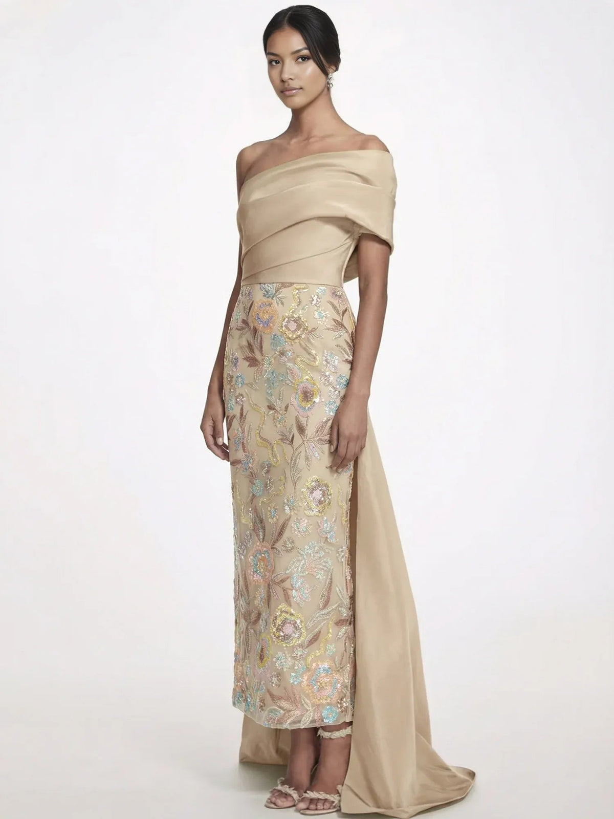 Champagne one-shoulder floor-length formal dress with floral lace-like panel