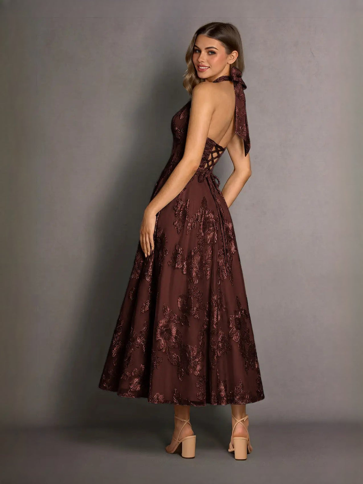 Burgundy halter neck A-line midi prom dress with allover floral lace