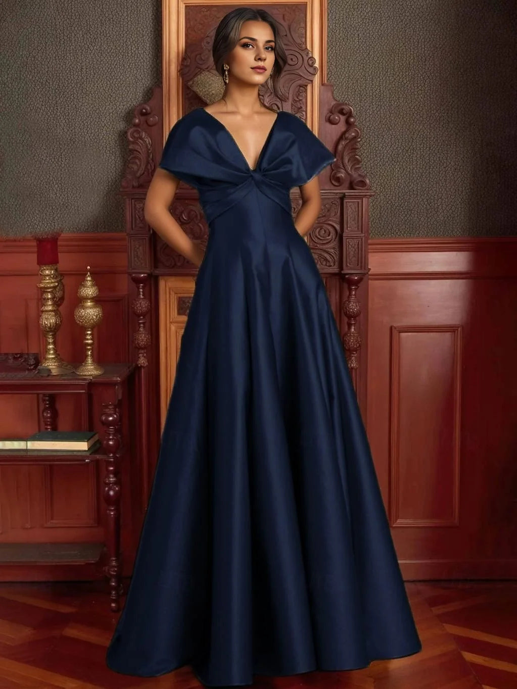 Dark blue satin V-neck A-line prom dress with waist bow and full skirt
