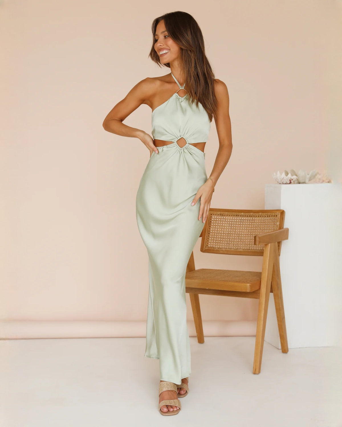 Mint green satin halter A-line maxi dress with gathered center waist and long hem