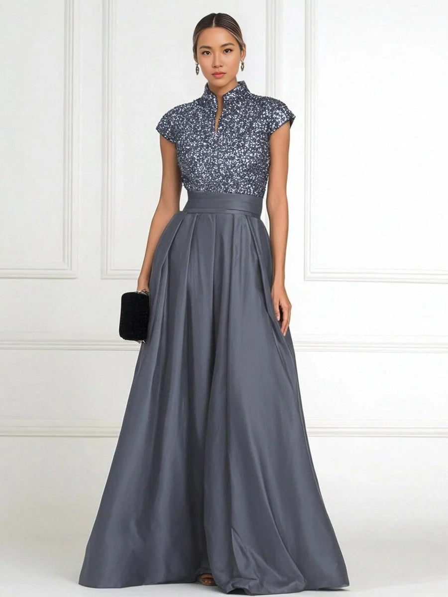 Slate blue pleated sequin high-neck A-line satin gown with cap sleeves, floor length