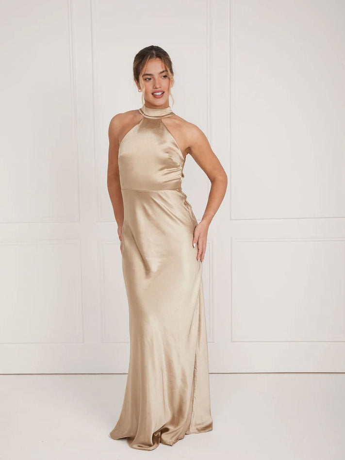 Champagne satin halter neck bridesmaid dress with cutout neckline, long column