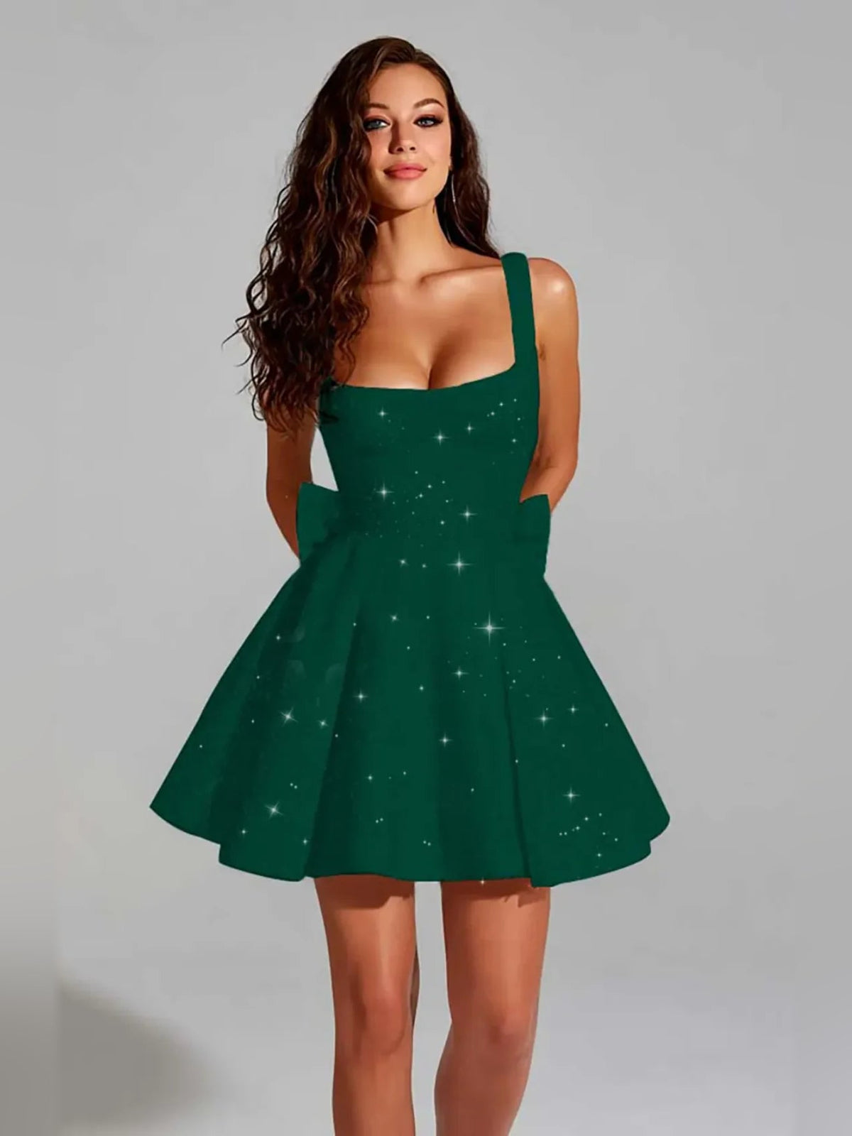 Emerald green sequin square-neck A-line mini dress with sleeveless flared skirt