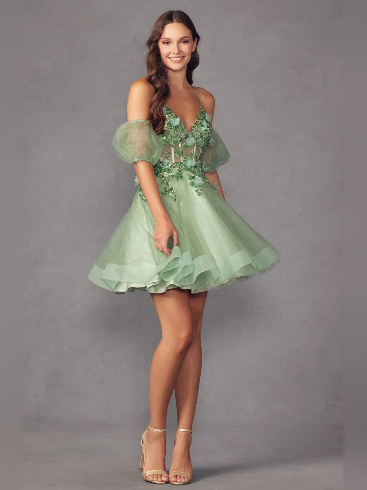 Dusty sage floral-applique V-neck corset short tulle A-line dress with puff sleeves