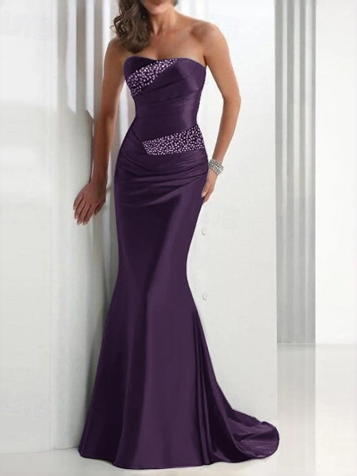 Strapless ruched satin mermaid prom dress in plum purple with rhinestone waist design