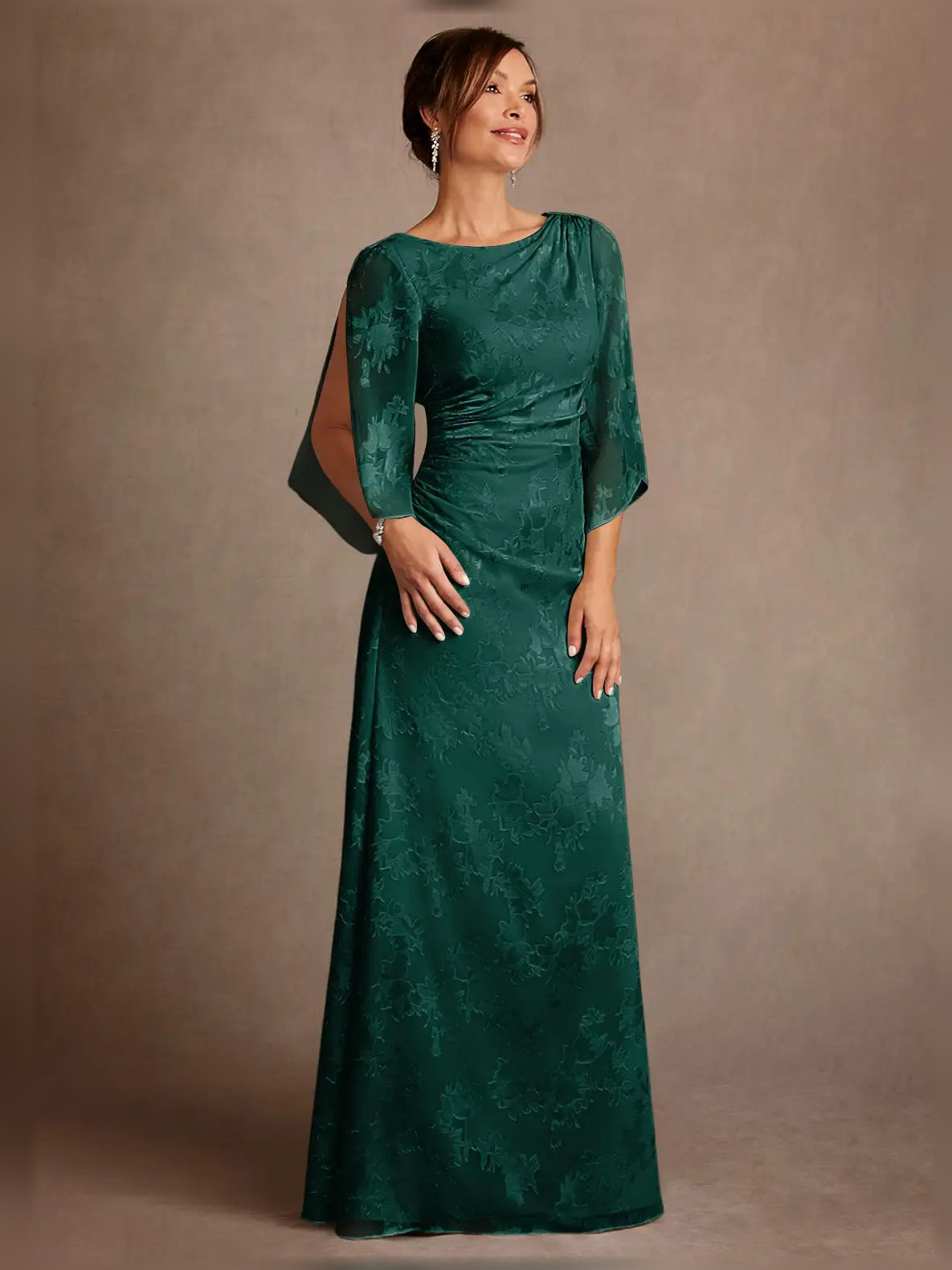 Peacock green ruched column mother-of-the-bride dress with cape sleeve drape