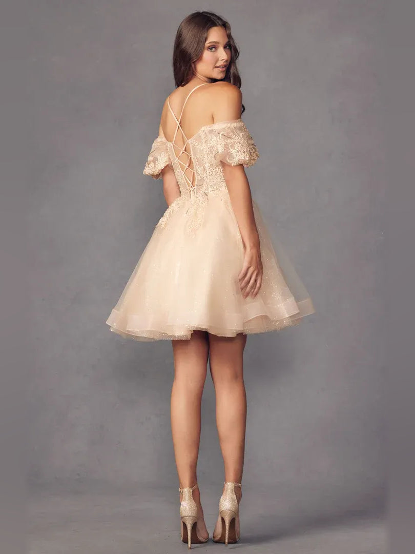 Champagne glitter A-line short dress with off-shoulder lace, side/back view