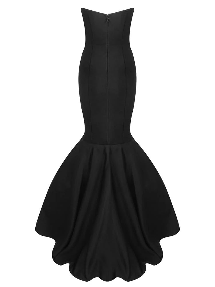 Black strapless formal dress on white background, sweetheart neckline and mermaid skirt